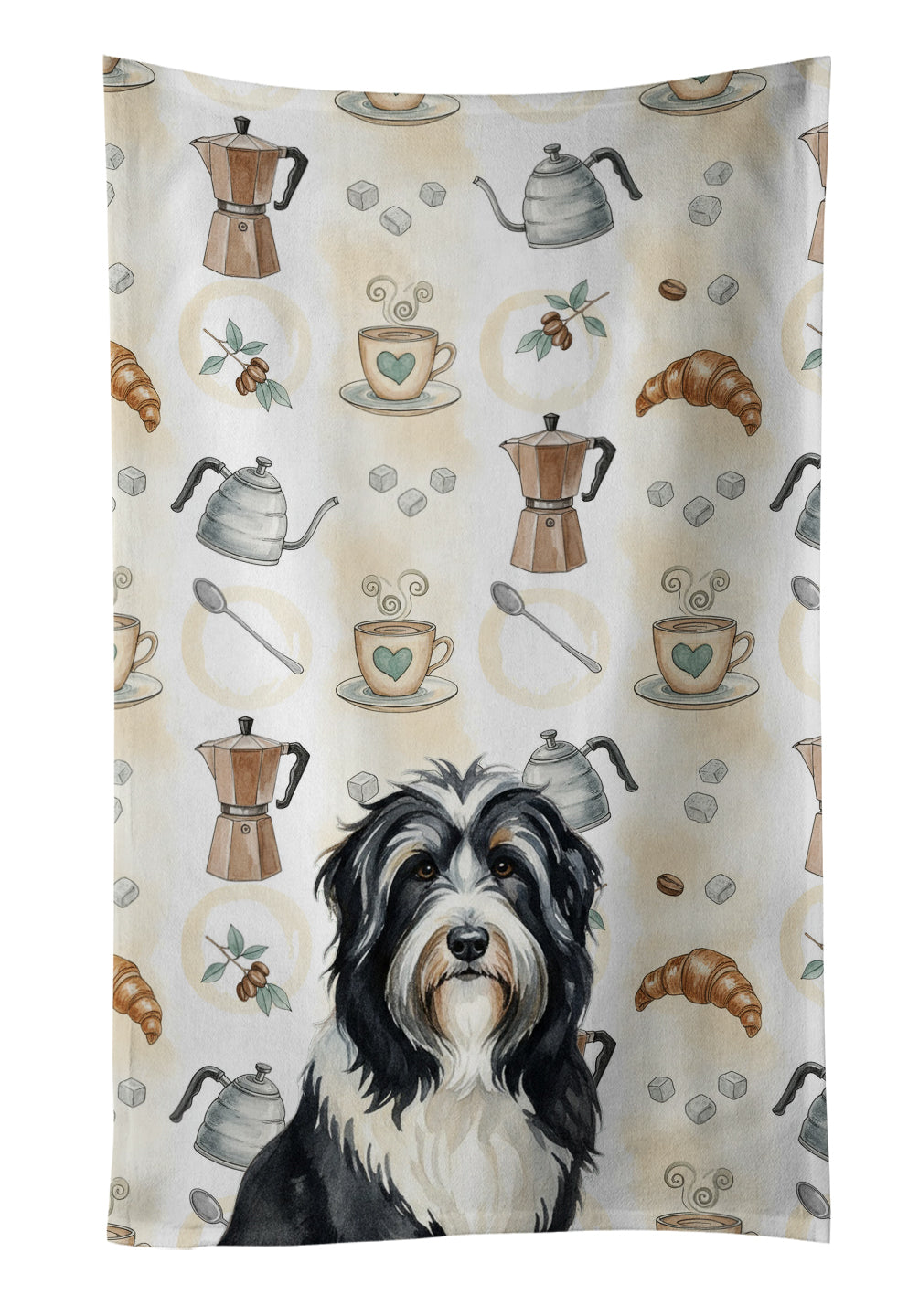Black Bearded Collie Coffee Bar Kitchen Towel Velour Plush Front and Cotton Loop Back Machine Washable