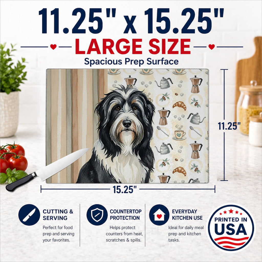 Black Bearded Collie Coffee Bar Cutting Board Tempered Glass Kitchen Cutting Surface, Heat Resistant Chopping, Non-Slip Feet, Food Prep & Serving