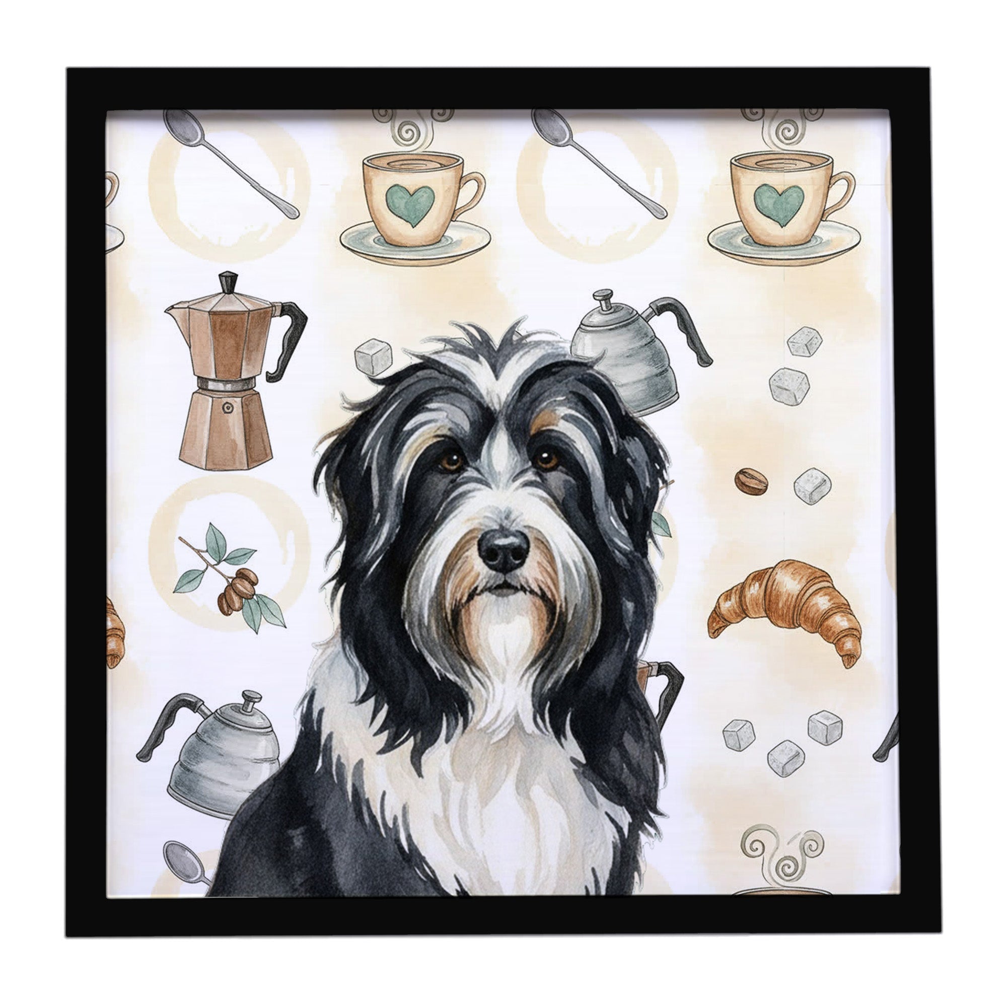 Black Bearded Collie Coffee Bar Framed Metal Print Bathroom, Kitchen, Office, Home Decor Wall Art Ready to Hang, Square, 8X8