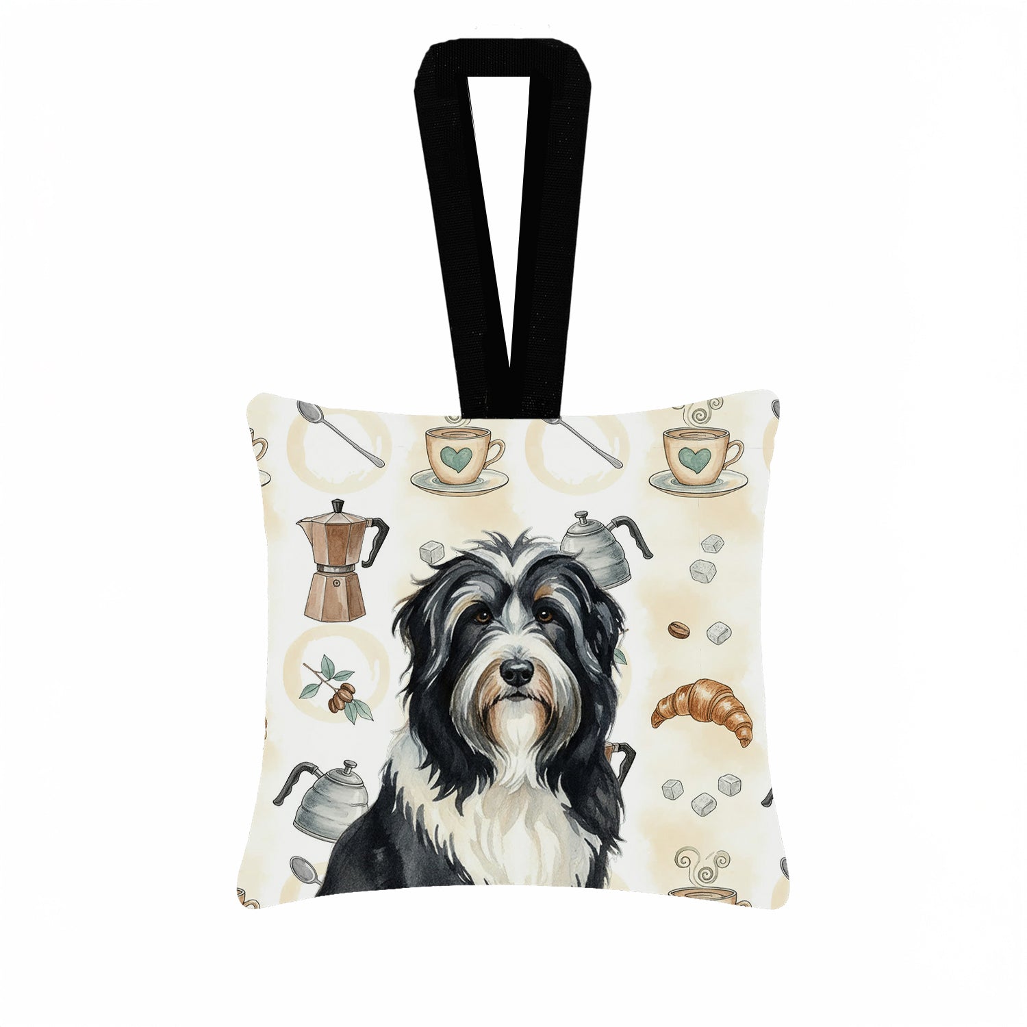 Black Bearded Collie Coffee Bar Hanging Square Fabric Ornament 3.5 � 3.5 Decorative Door-Knob & Tree Hanger, Soft Fabric