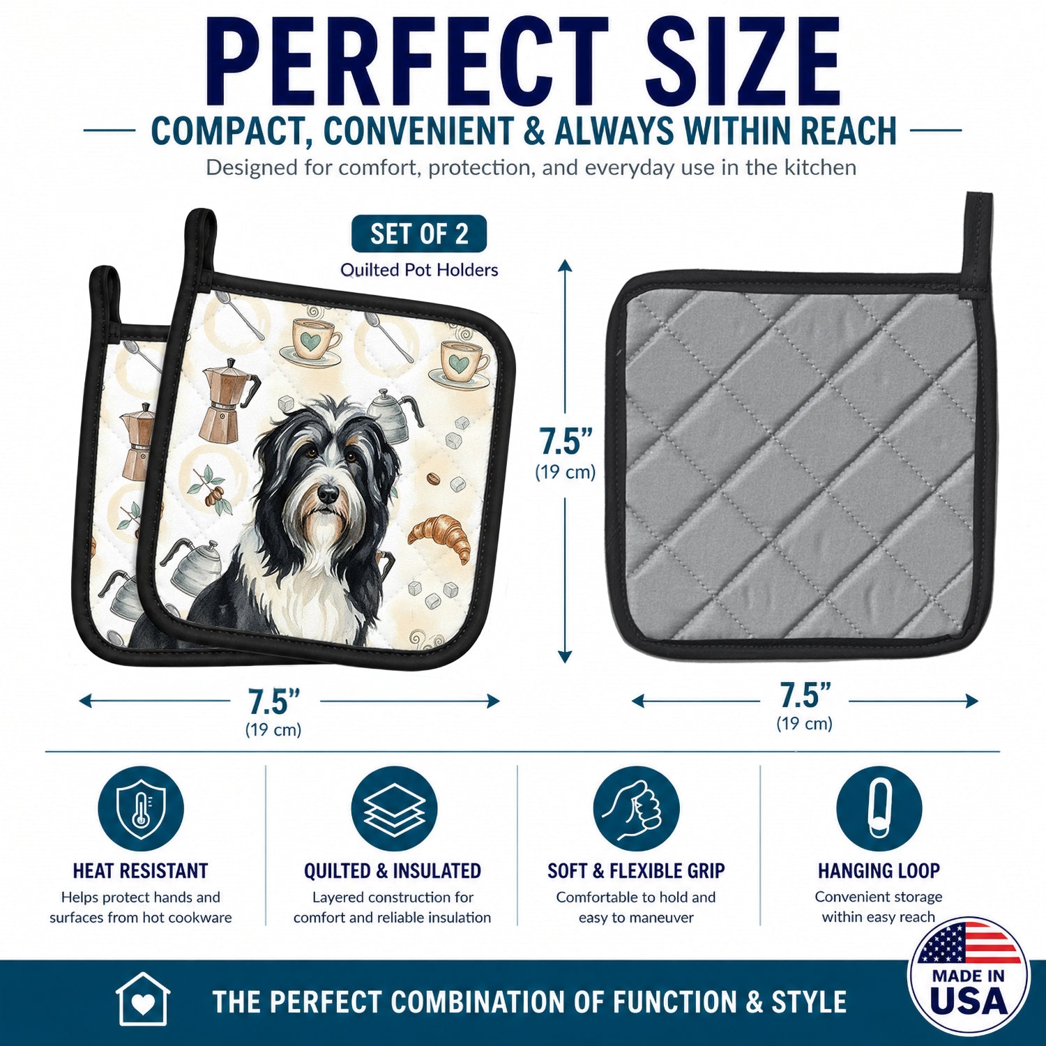 Black Bearded Collie Coffee Bar Pot Holder Set of 2 Heat Resistant Quilted Hot Pads 7.5 x 7.5 Inch, Insulated Kitchen Trivets for Cooking & Baking