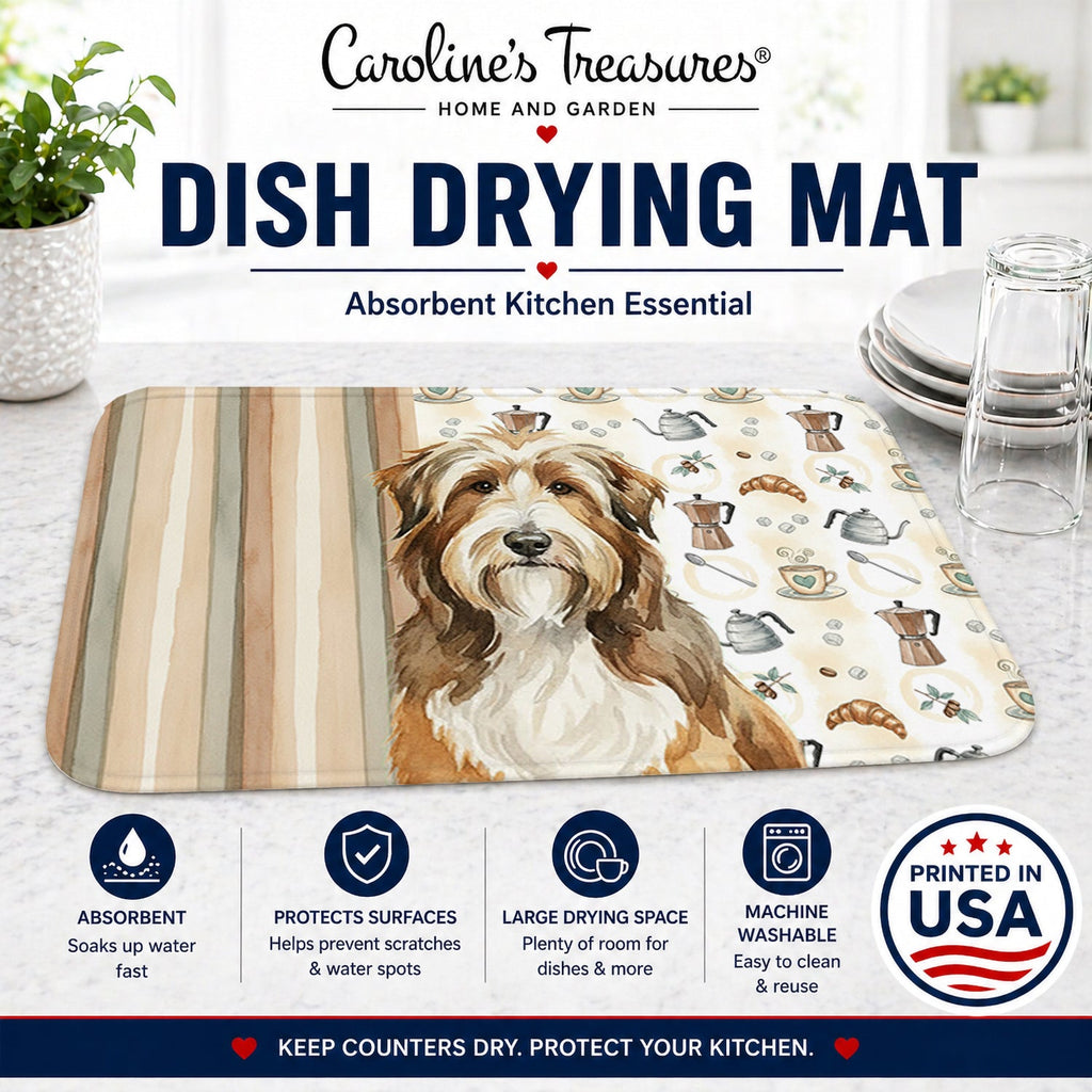 Brown Bearded Collie Coffee Bar Dish Drying Mat Absorbent Dish Drying Mat Pad for Kitchen Counter Dish Drainer Mat for Countertop, 14 x 21", Multicolor