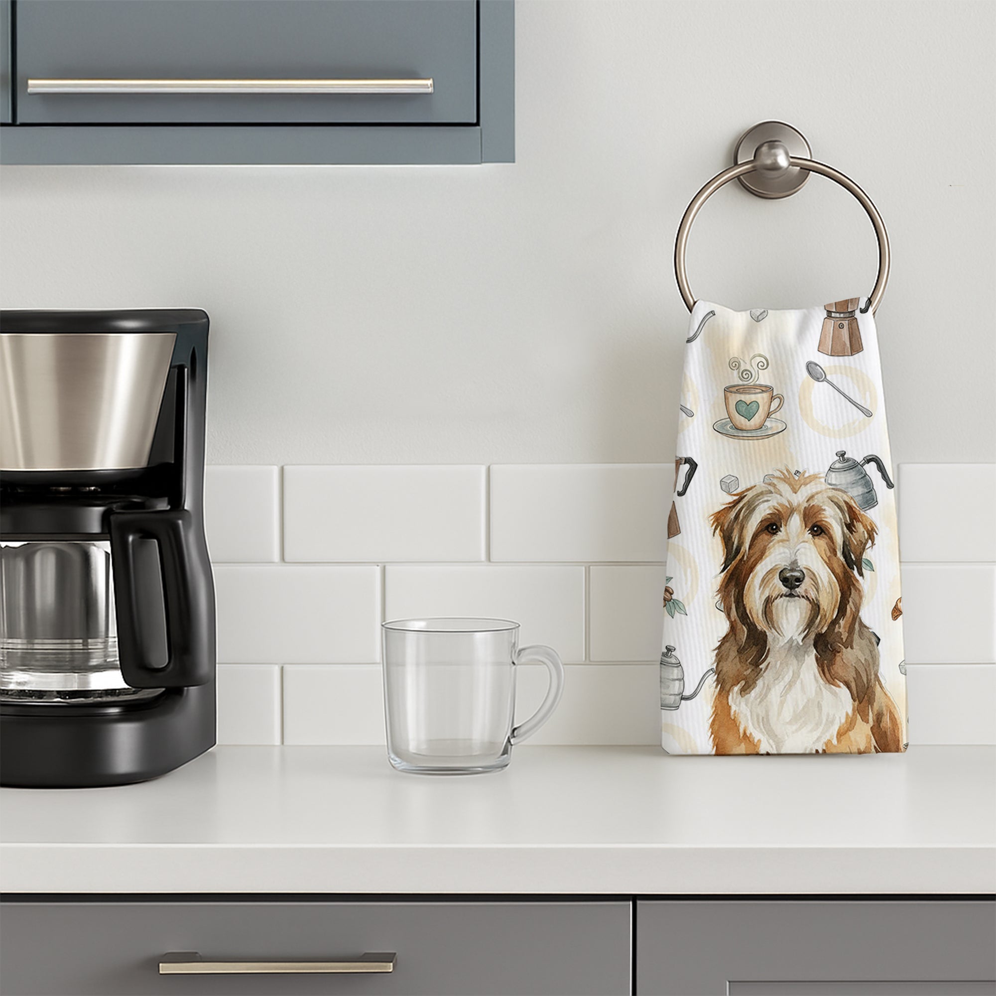 Brown Bearded Collie Coffee Bar Kitchen Towel Velour Plush Front and Cotton Loop Back Machine Washable