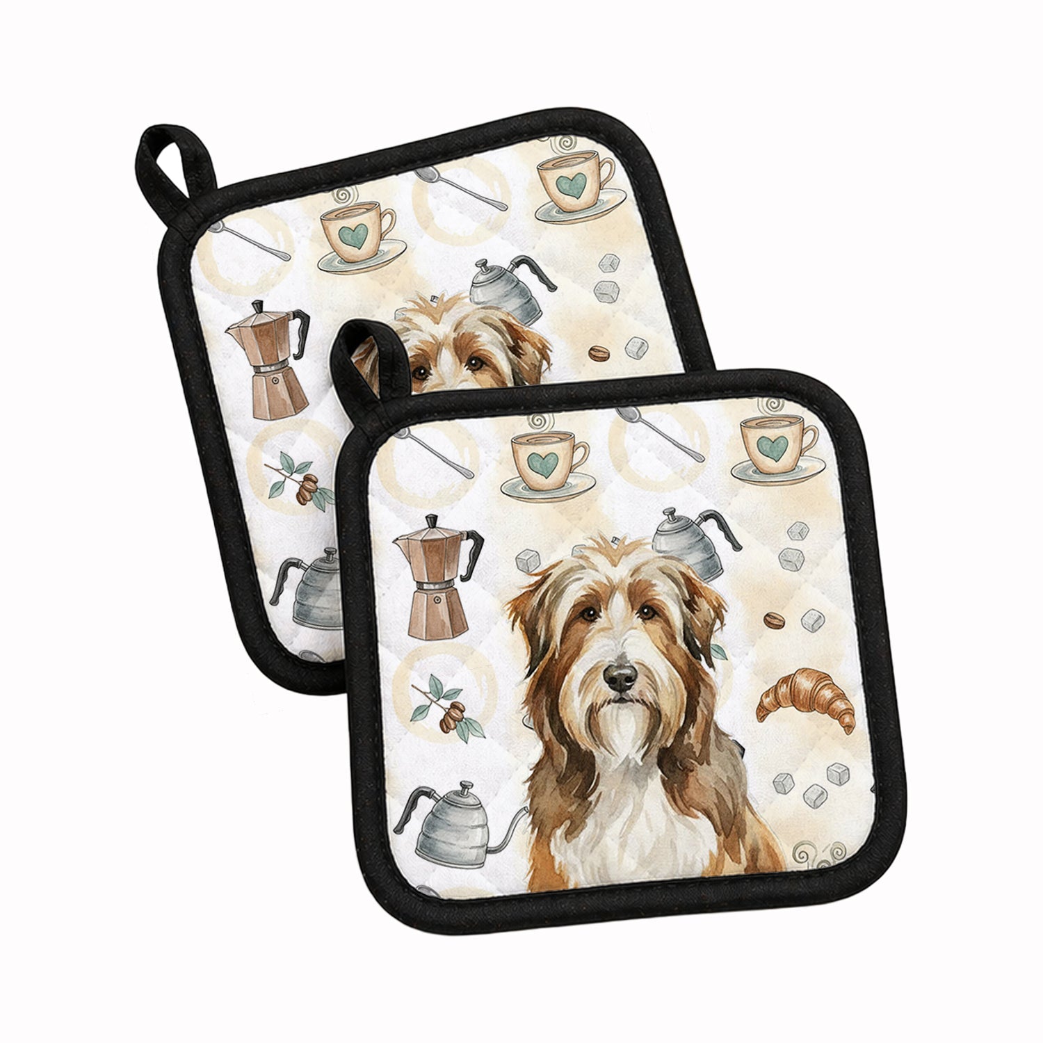 Brown Bearded Collie Coffee Bar Pot Holder Set of 2 Heat Resistant Quilted Hot Pads 7.5 x 7.5 Inch, Insulated Kitchen Trivets for Cooking & Baking