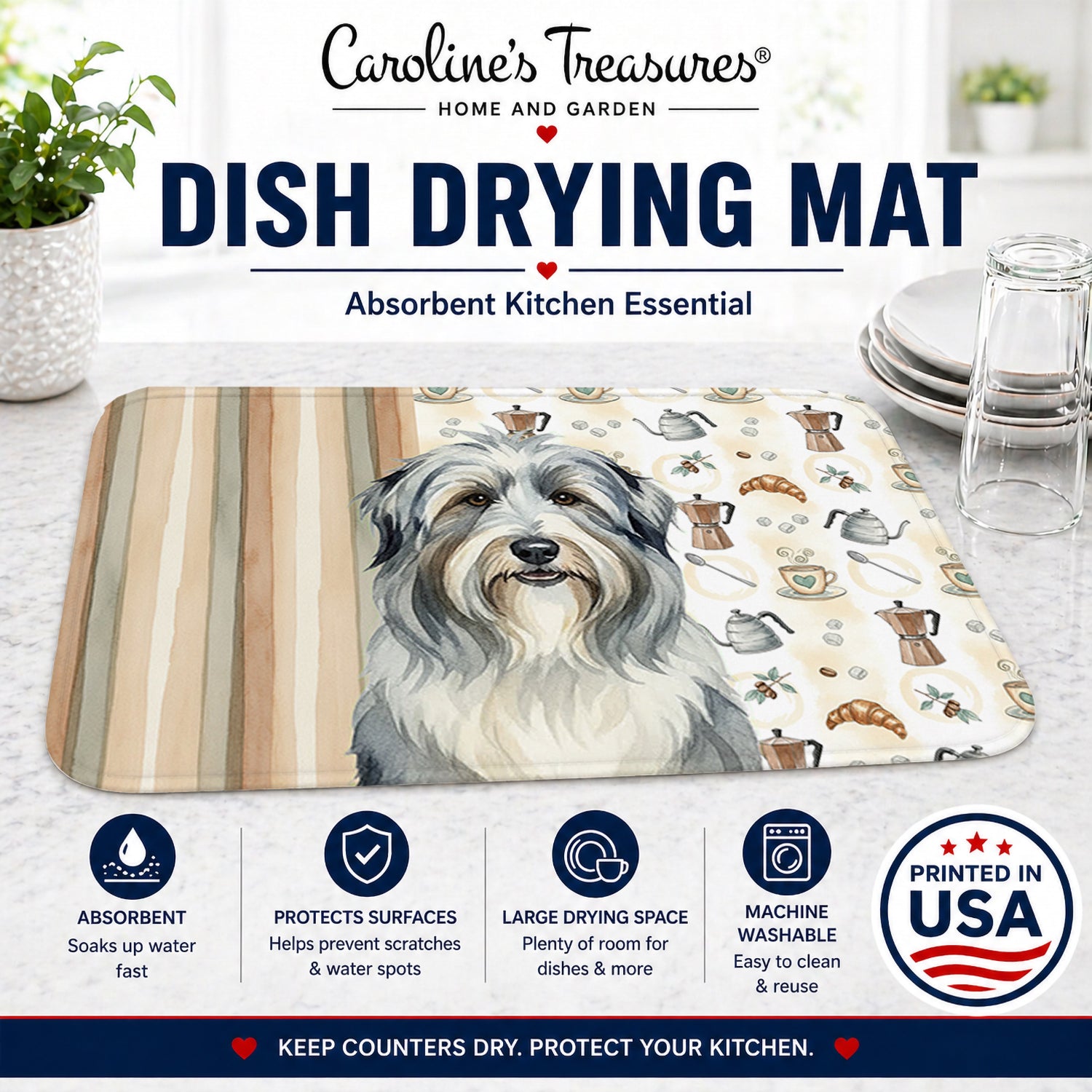 Bearded Collie Coffee Bar Dish Drying Mat Absorbent Dish Drying Mat Pad for Kitchen Counter Dish Drainer Mat for Countertop, 14 x 21", Multicolor