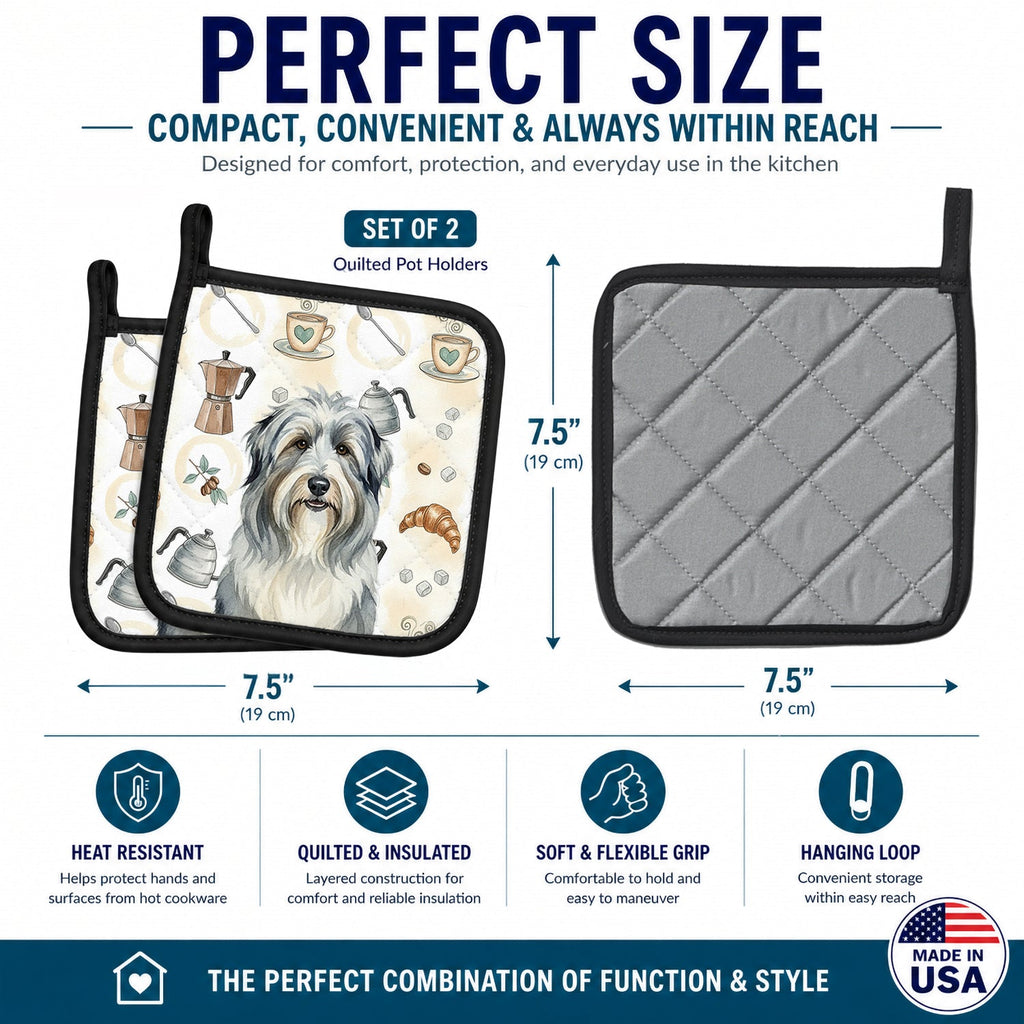 Bearded Collie Coffee Bar Pot Holder Set of 2 Heat Resistant Quilted Hot Pads 7.5 x 7.5 Inch, Insulated Kitchen Trivets for Cooking & Baking