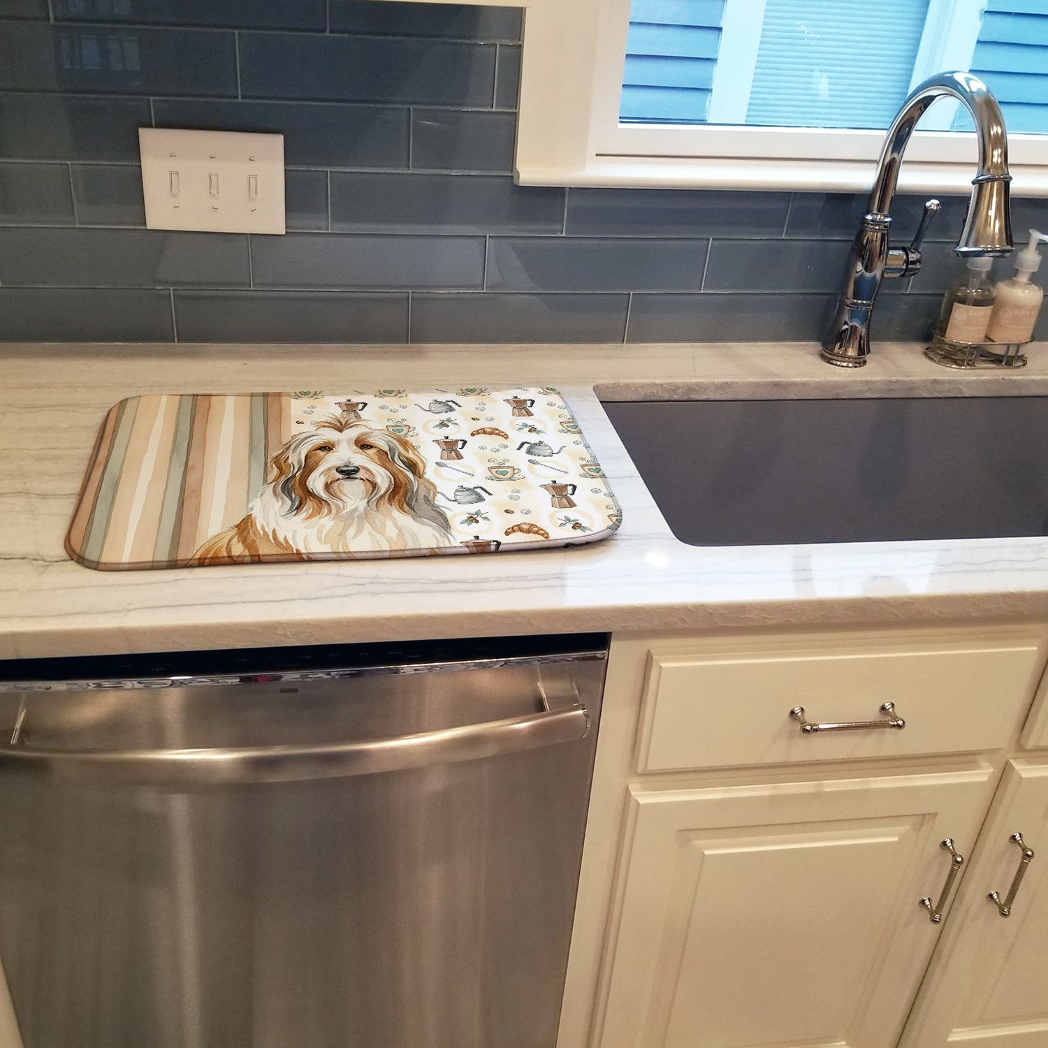 Fawn Bearded Collie Coffee Bar Dish Drying Mat Absorbent Dish Drying Mat Pad for Kitchen Counter Dish Drainer Mat for Countertop, 14 x 21", Multicolor