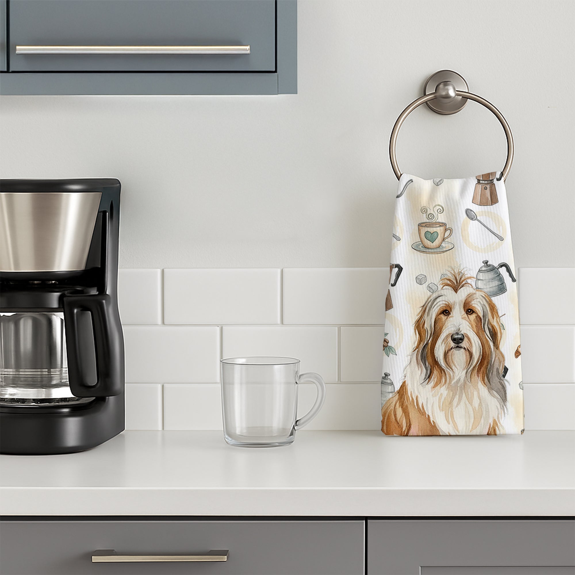 Fawn Bearded Collie Coffee Bar Kitchen Towel Velour Plush Front and Cotton Loop Back Machine Washable