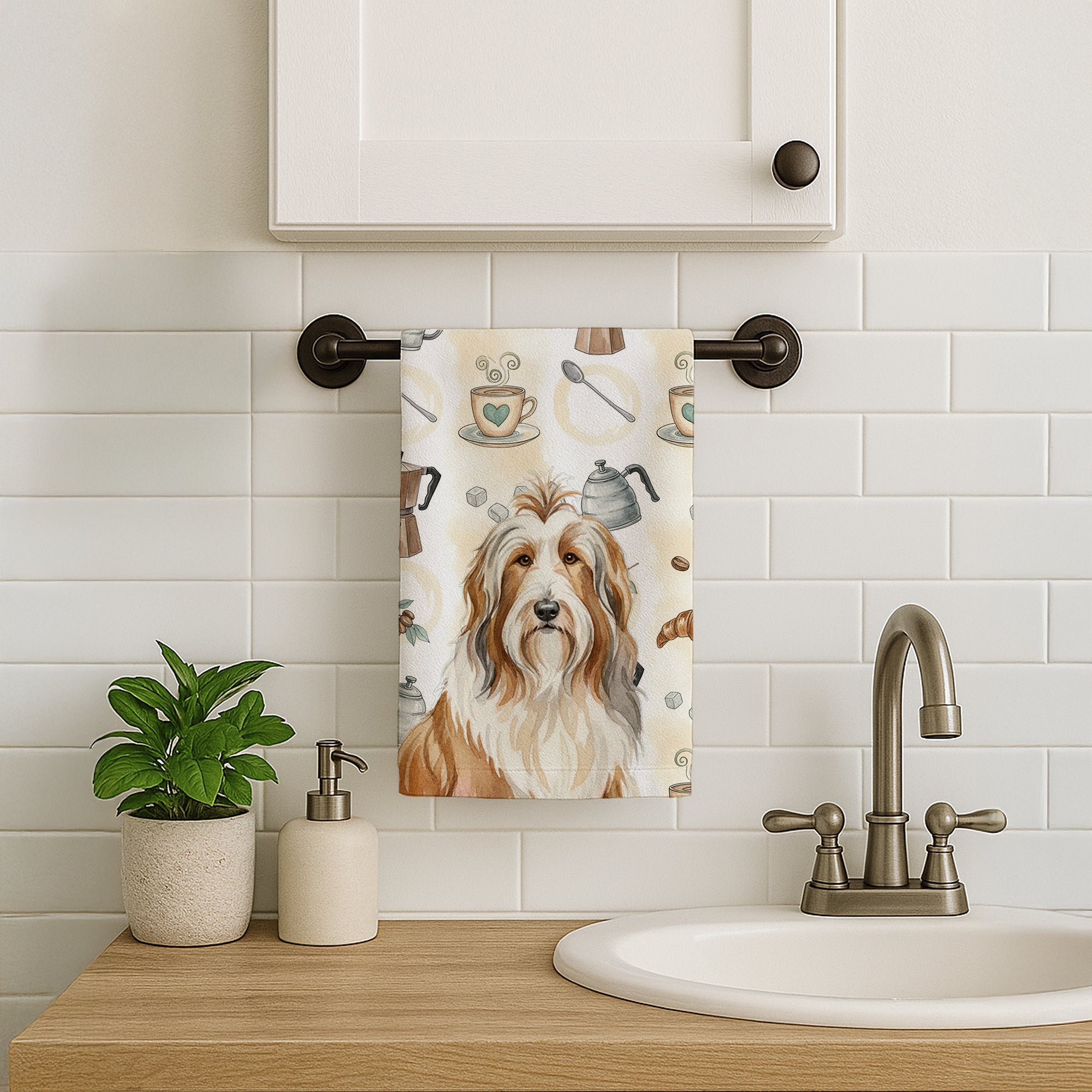 Fawn Bearded Collie Coffee Bar Kitchen Towel Velour Plush Front and Cotton Loop Back Machine Washable