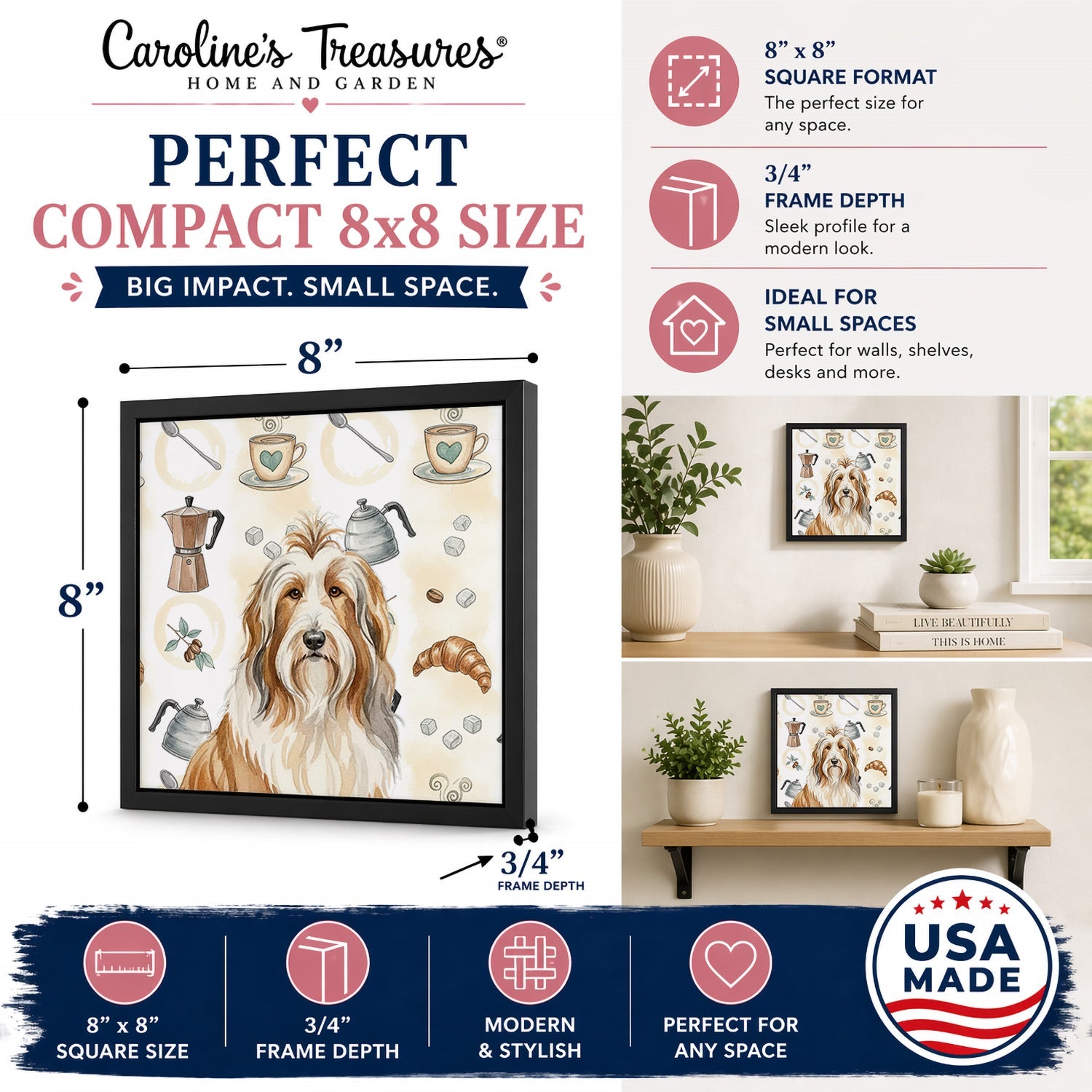 Fawn Bearded Collie Coffee Bar Framed Metal Print Bathroom, Kitchen, Office, Home Decor Wall Art Ready to Hang, Square, 8X8