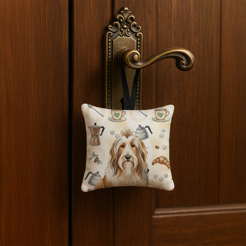 Fawn Bearded Collie Coffee Bar Hanging Square Fabric Ornament 3.5 � 3.5 Decorative Door-Knob & Tree Hanger, Soft Fabric