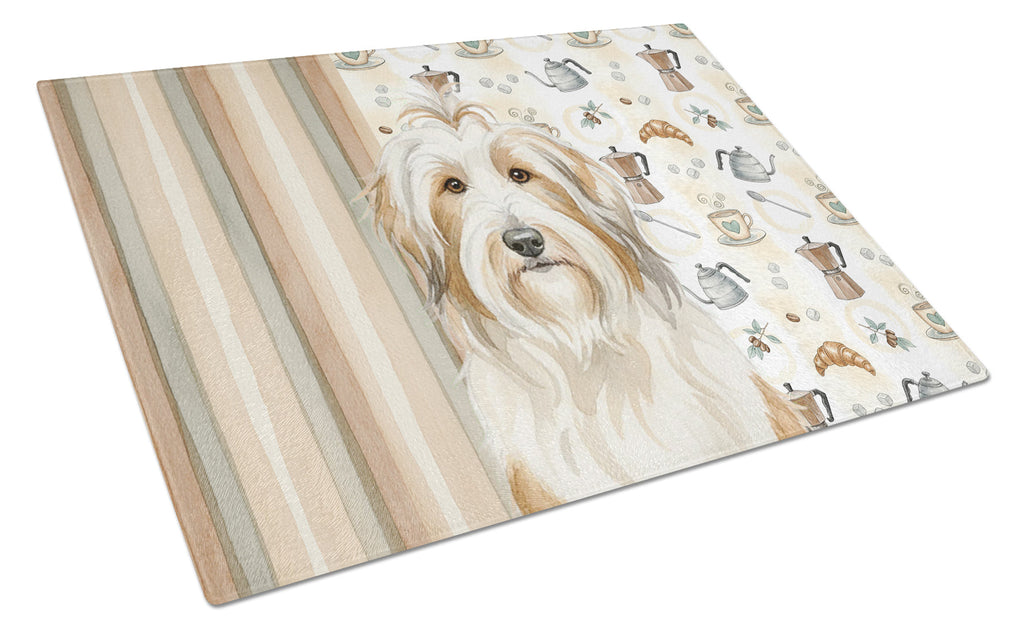 White and Tan Bearded Collie Coffee Bar Cutting Board Tempered Glass Kitchen Cutting Surface, Heat Resistant Chopping, Non-Slip Feet, Food Prep & Serving