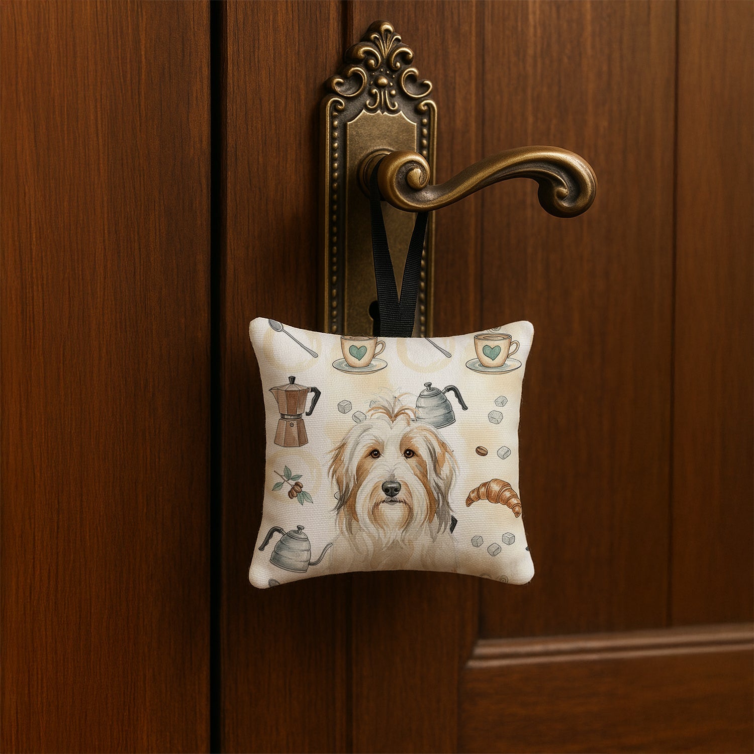 White and Tan Bearded Collie Coffee Bar Hanging Square Fabric Ornament 3.5 � 3.5 Decorative Door-Knob & Tree Hanger, Soft Fabric
