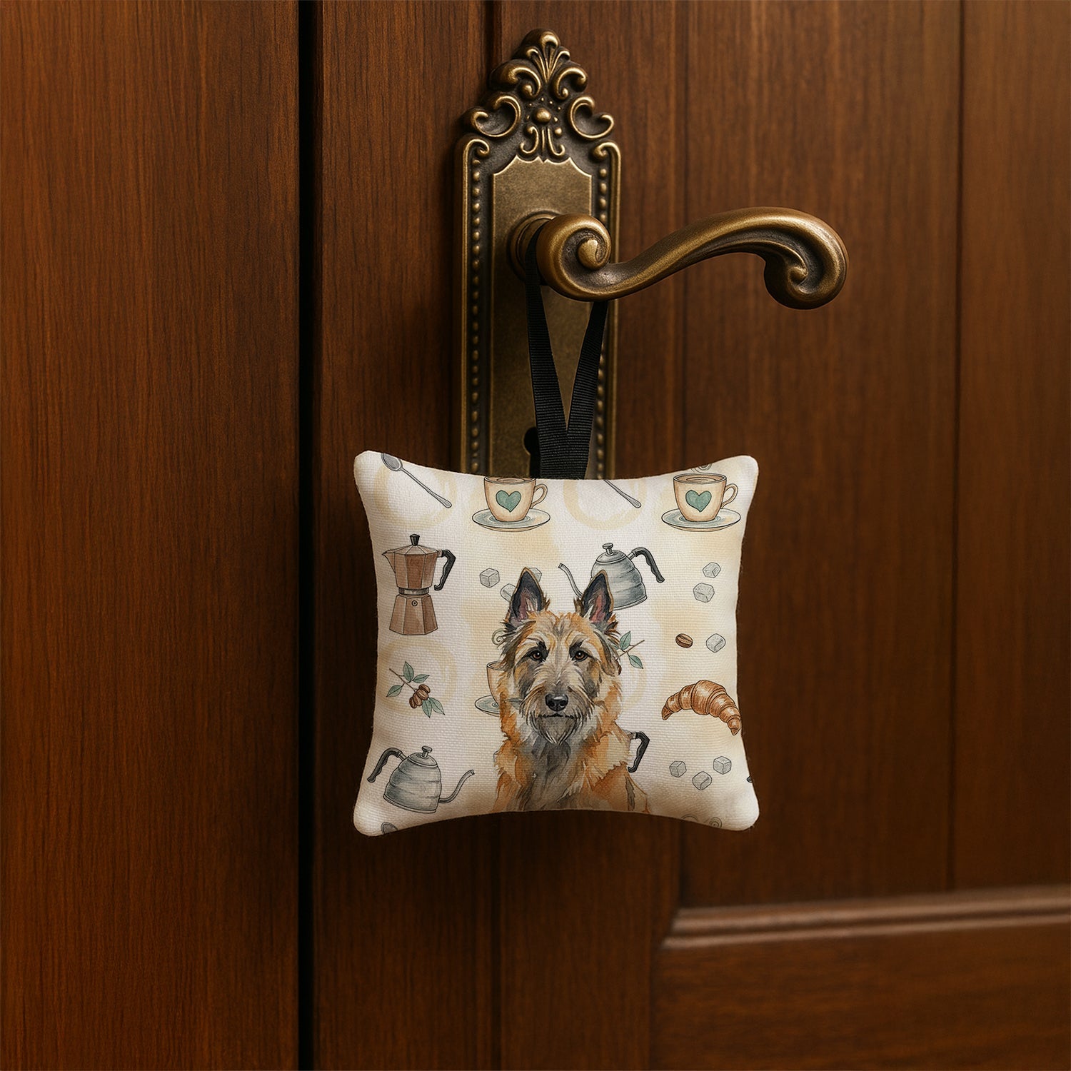 Belgian Laekenois Coffee Bar Hanging Square Fabric Ornament 3.5 � 3.5 Decorative Door-Knob & Tree Hanger, Soft Fabric