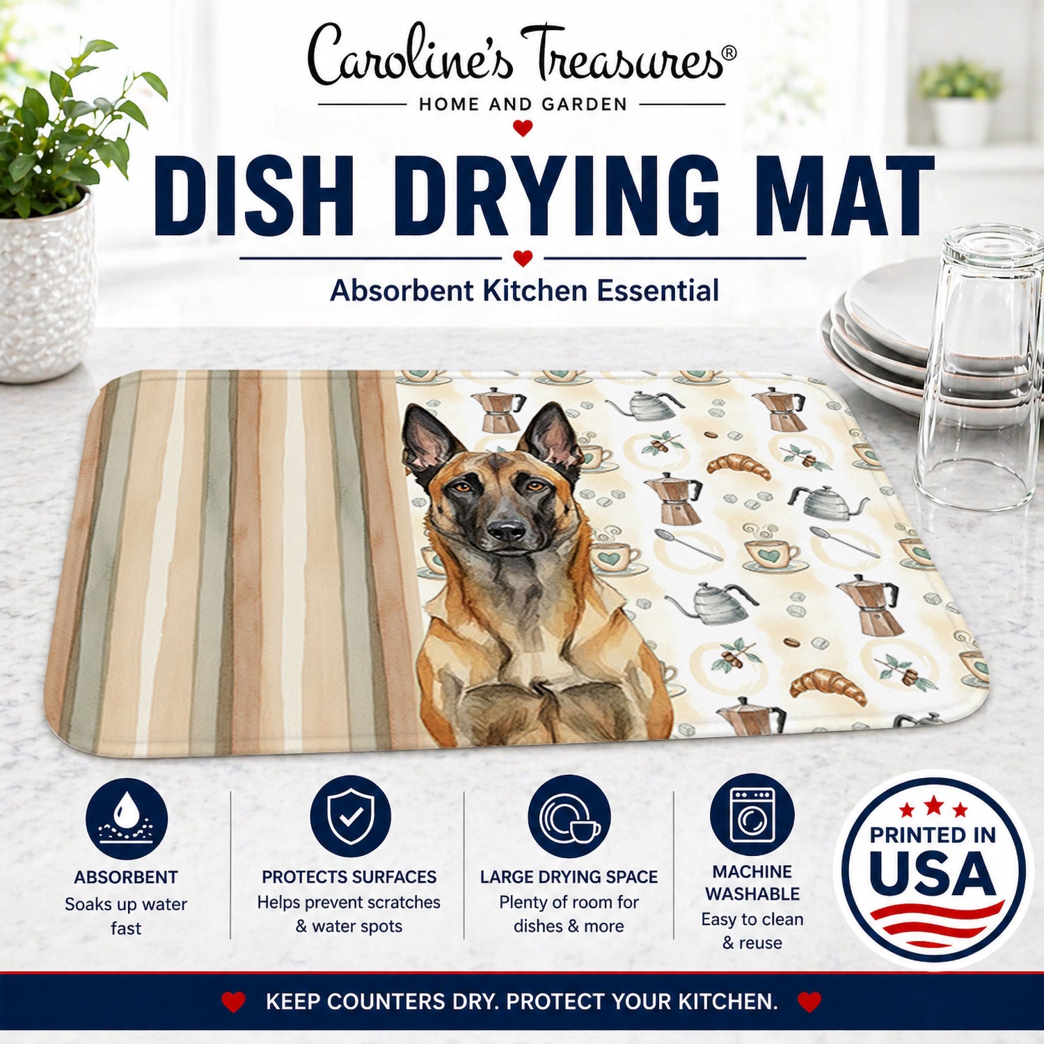 Belgian Malinois Coffee Bar Dish Drying Mat Absorbent Dish Drying Mat Pad for Kitchen Counter Dish Drainer Mat for Countertop, 14 x 21", Multicolor