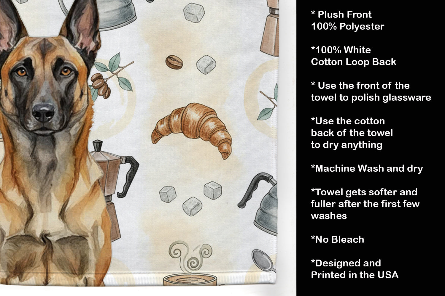 Belgian Malinois Coffee Bar Kitchen Towel Velour Plush Front and Cotton Loop Back Machine Washable