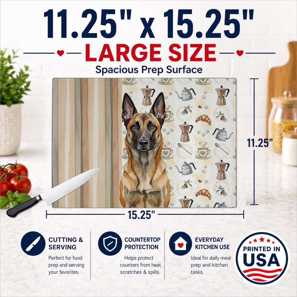 Belgian Malinois Coffee Bar Cutting Board Tempered Glass Kitchen Cutting Surface, Heat Resistant Chopping, Non-Slip Feet, Food Prep & Serving