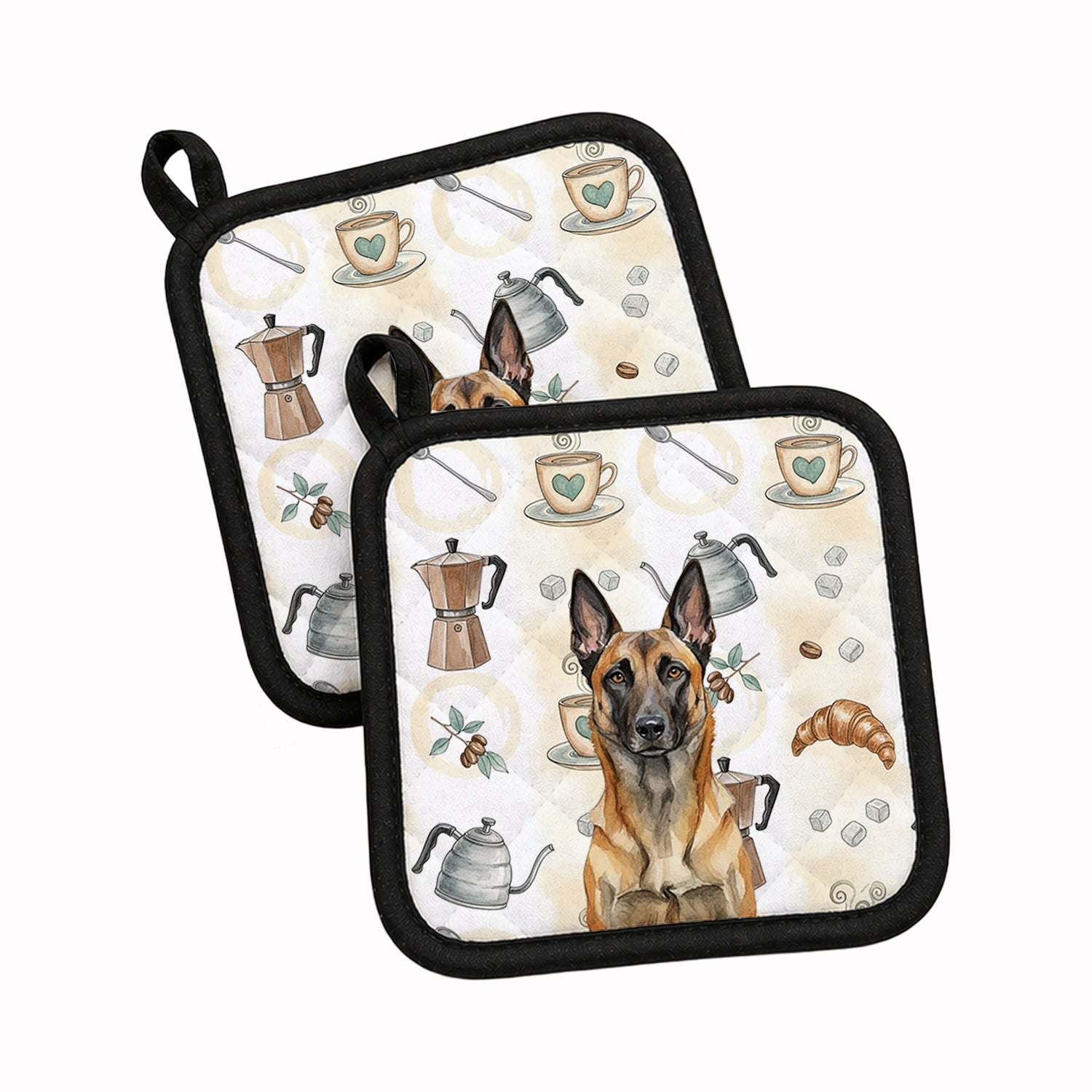 Belgian Malinois Coffee Bar Pot Holder Set of 2 Heat Resistant Quilted Hot Pads 7.5 x 7.5 Inch, Insulated Kitchen Trivets for Cooking & Baking