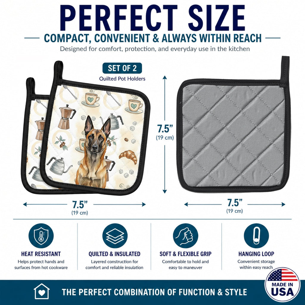 Belgian Malinois Coffee Bar Pot Holder Set of 2 Heat Resistant Quilted Hot Pads 7.5 x 7.5 Inch, Insulated Kitchen Trivets for Cooking & Baking