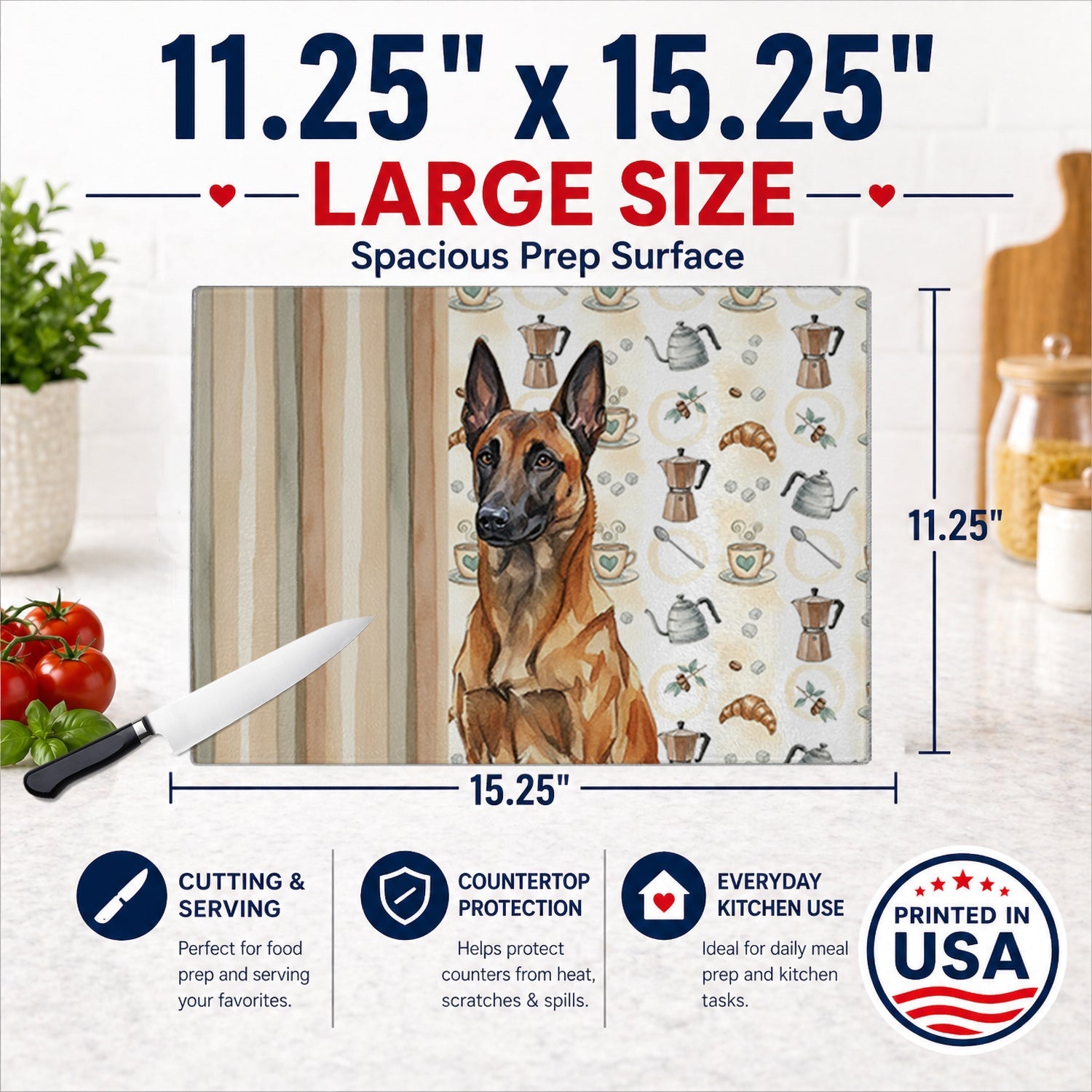 Mahogany Belgian Malinois Coffee Bar Cutting Board Tempered Glass Kitchen Cutting Surface, Heat Resistant Chopping, Non-Slip Feet, Food Prep & Serving