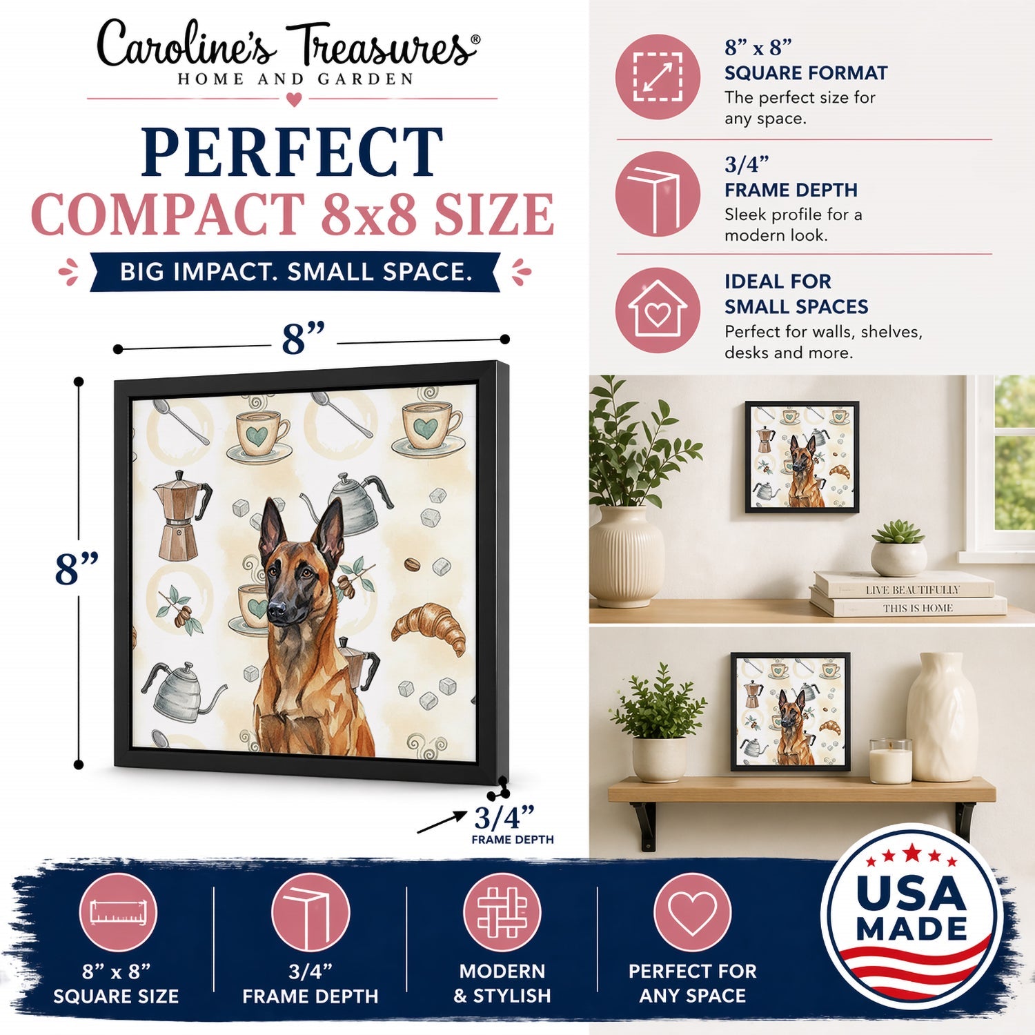 Mahogany Belgian Malinois Coffee Bar Framed Metal Print Bathroom, Kitchen, Office, Home Decor Wall Art Ready to Hang, Square, 8X8