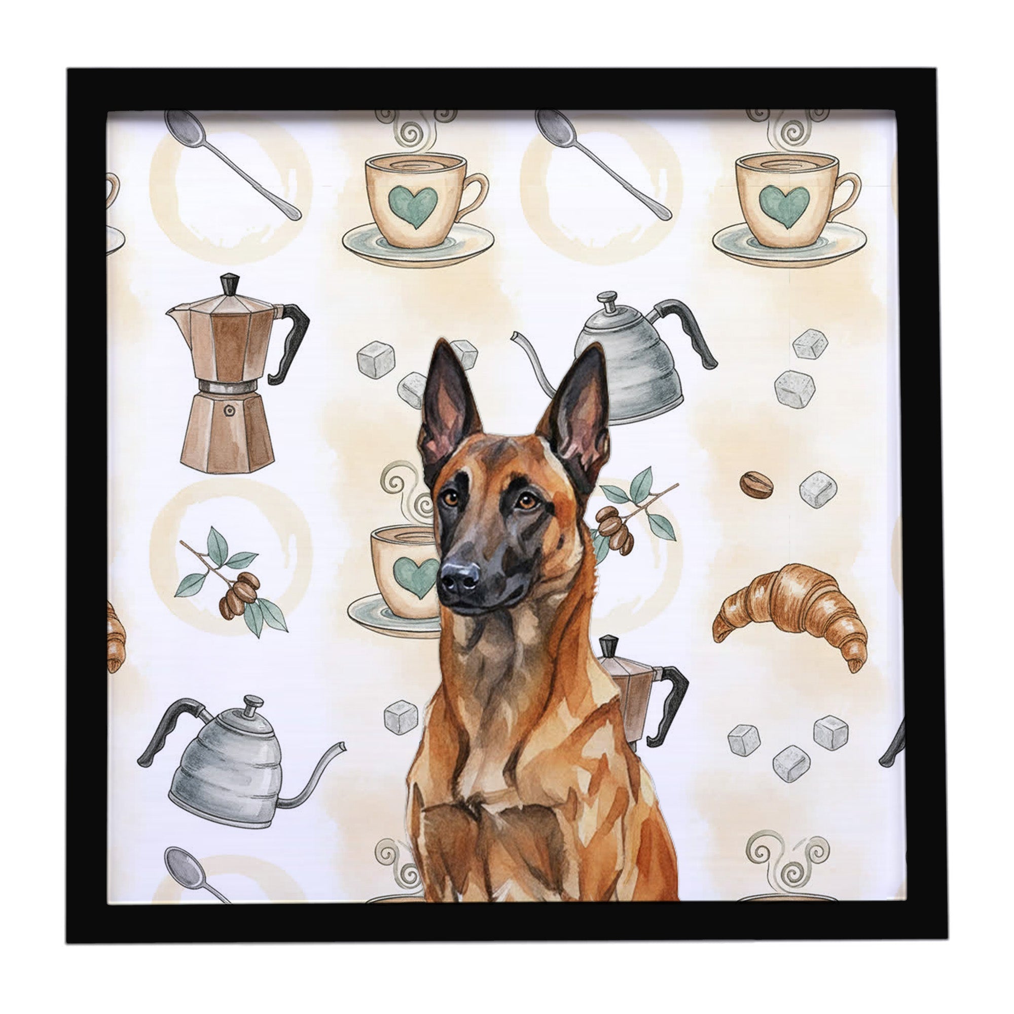 Mahogany Belgian Malinois Coffee Bar Framed Metal Print Bathroom, Kitchen, Office, Home Decor Wall Art Ready to Hang, Square, 8X8