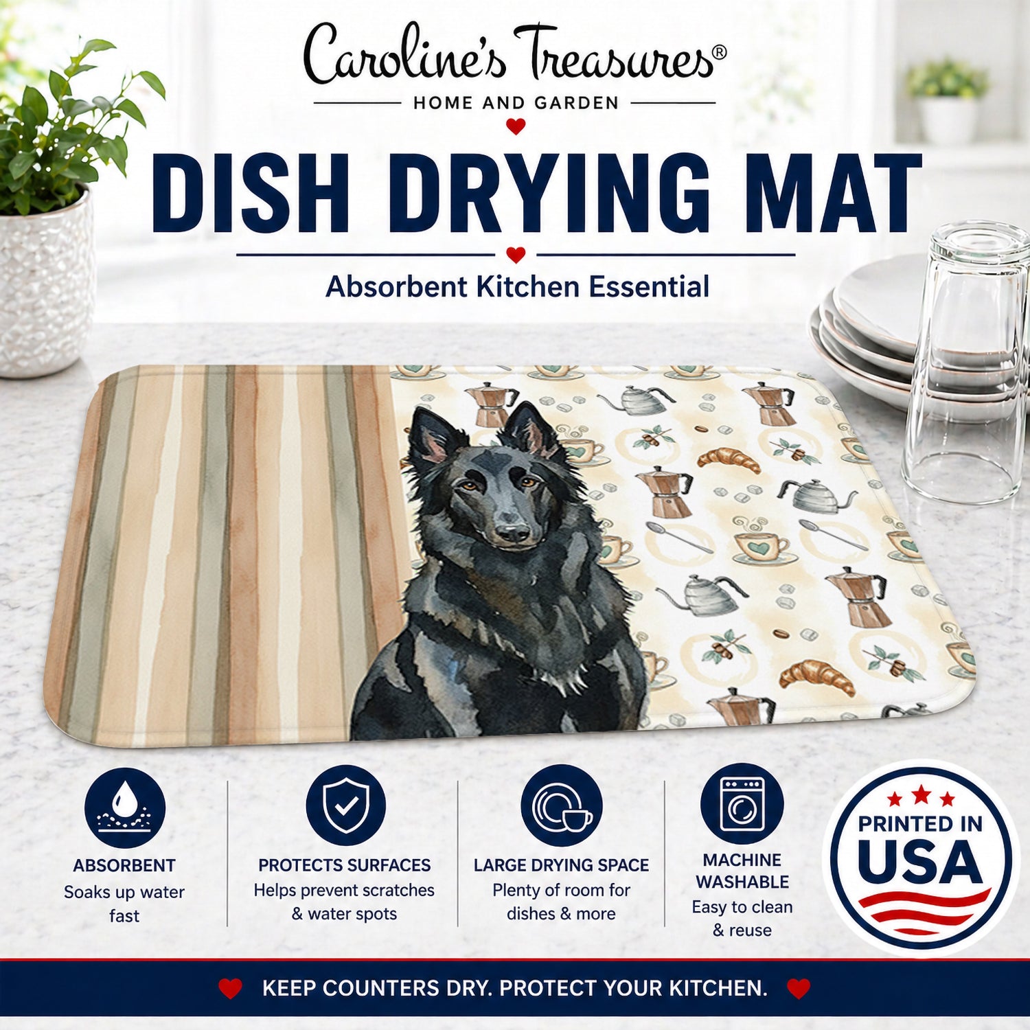 Belgian Sheepdog Groenendael Coffee Bar Dish Drying Mat Absorbent Dish Drying Mat Pad for Kitchen Counter Dish Drainer Mat for Countertop, 14 x 21", Multicolor