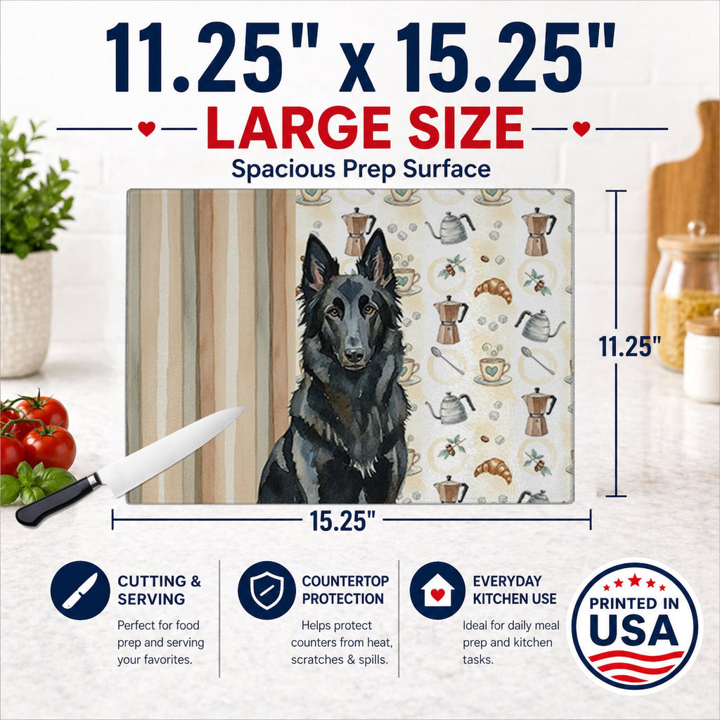 Belgian Sheepdog Groenendael Coffee Bar Cutting Board Tempered Glass Kitchen Cutting Surface, Heat Resistant Chopping, Non-Slip Feet, Food Prep & Serving