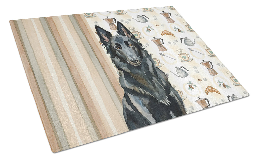 Belgian Sheepdog Groenendael Coffee Bar Cutting Board Tempered Glass Kitchen Cutting Surface, Heat Resistant Chopping, Non-Slip Feet, Food Prep & Serving