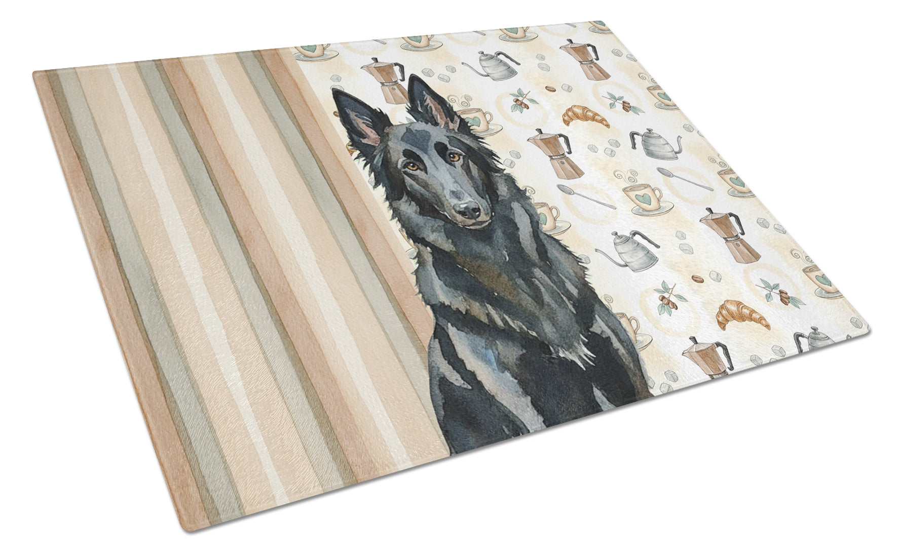 Belgian Sheepdog Groenendael Coffee Bar Cutting Board Tempered Glass Kitchen Cutting Surface, Heat Resistant Chopping, Non-Slip Feet, Food Prep & Serving