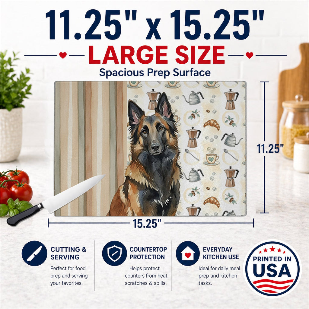 Belgian Tervuren Coffee Bar Cutting Board Tempered Glass Kitchen Cutting Surface, Heat Resistant Chopping, Non-Slip Feet, Food Prep & Serving