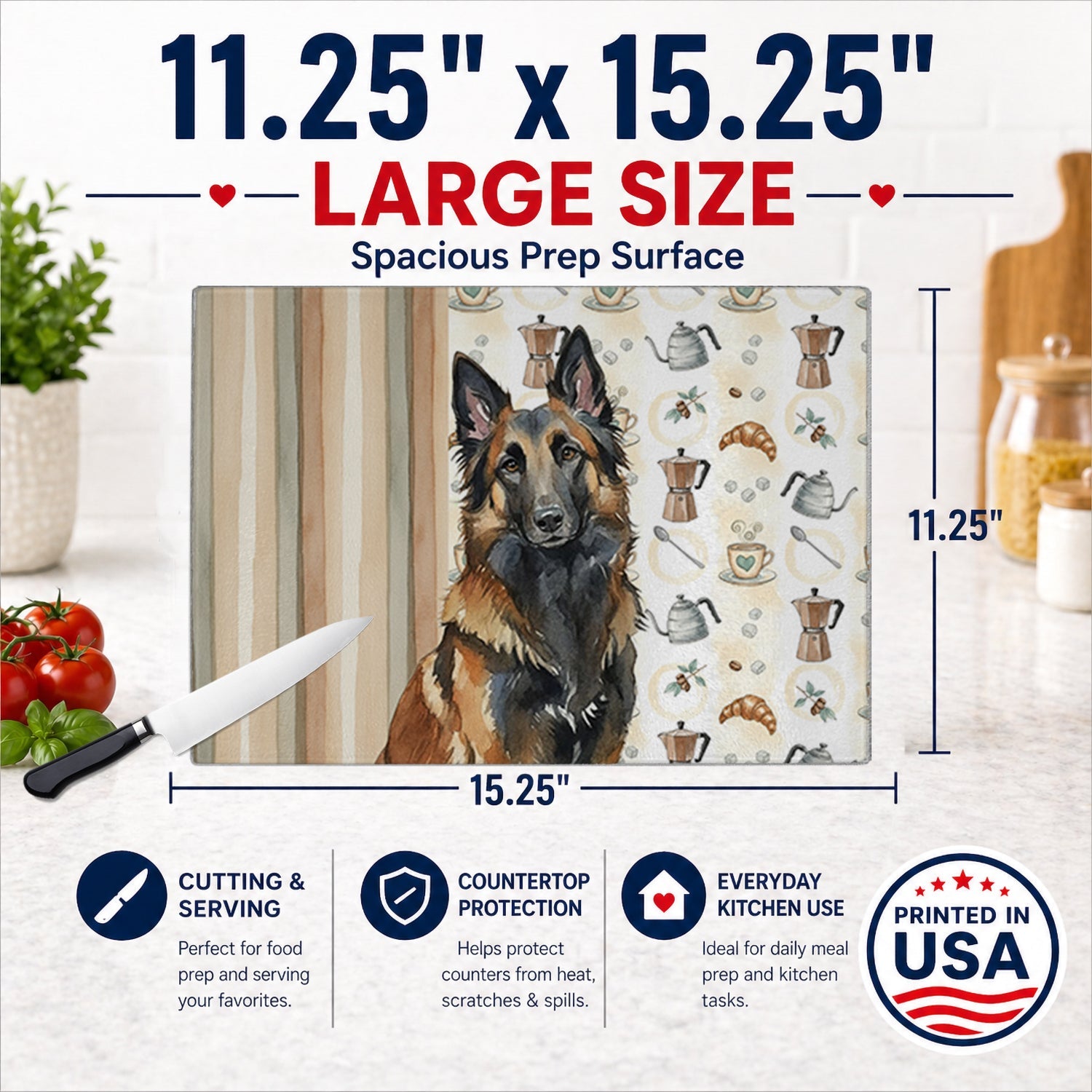 Belgian Tervuren Coffee Bar Cutting Board Tempered Glass Kitchen Cutting Surface, Heat Resistant Chopping, Non-Slip Feet, Food Prep & Serving