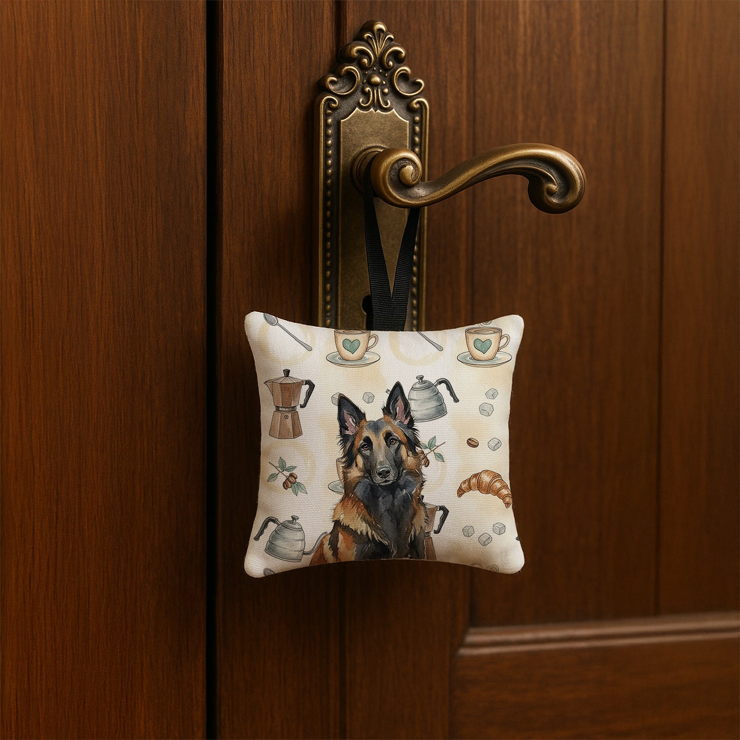 Belgian Tervuren Coffee Bar Hanging Square Fabric Ornament 3.5 � 3.5 Decorative Door-Knob & Tree Hanger, Soft Fabric