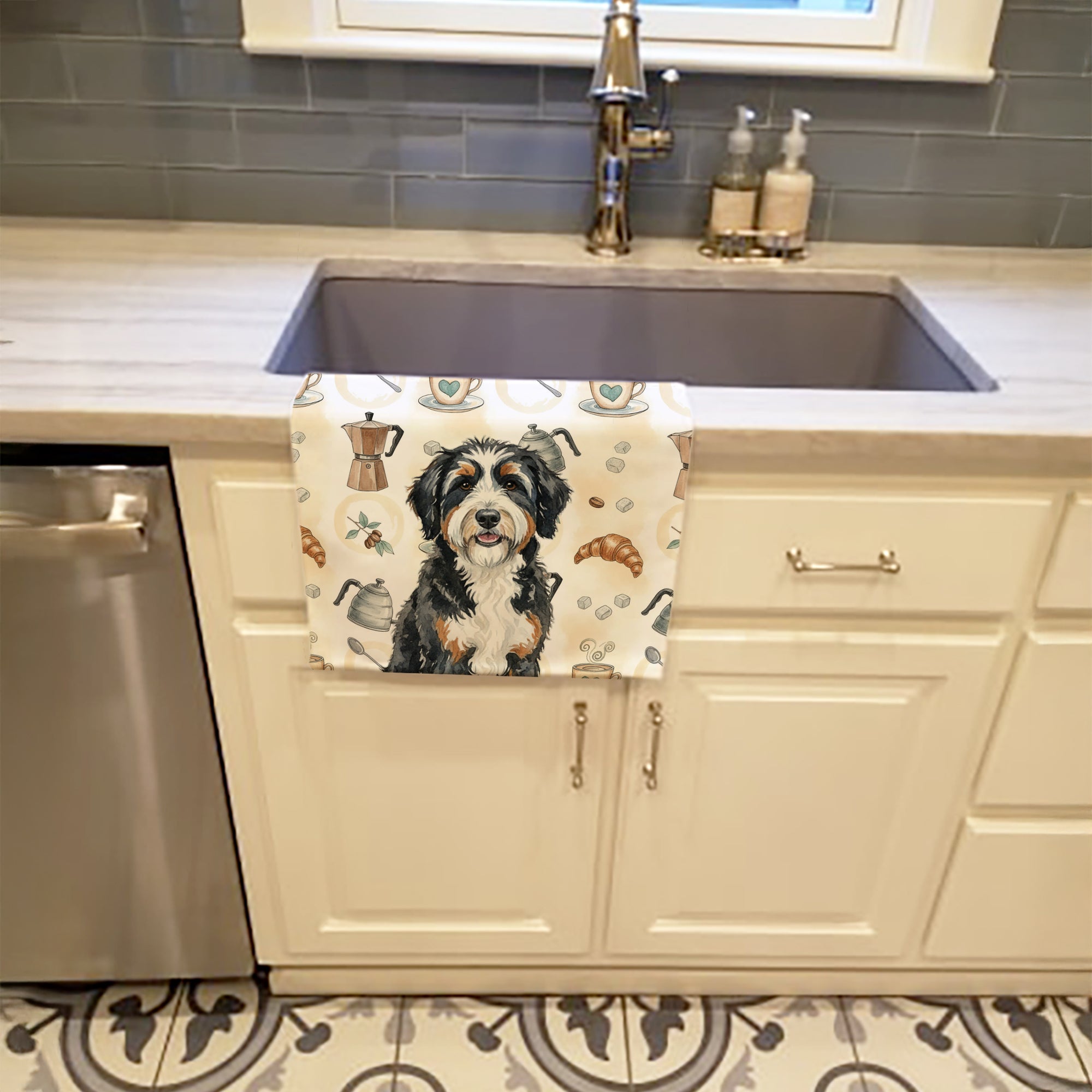 Berndoodle Coffee Bar Kitchen Towel Velour Plush Front and Cotton Loop Back Machine Washable