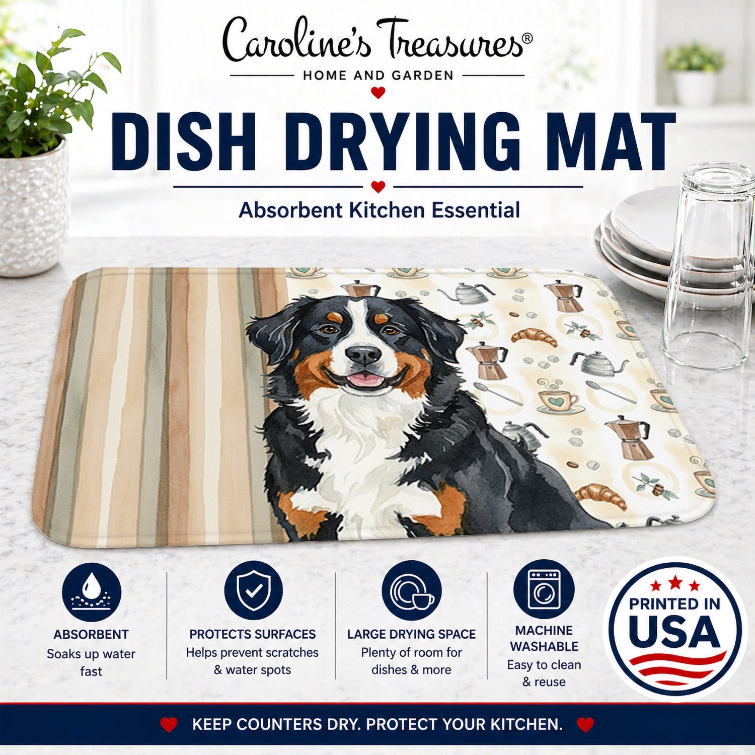Bernese Mountain Dog Coffee Bar Dish Drying Mat Absorbent Dish Drying Mat Pad for Kitchen Counter Dish Drainer Mat for Countertop, 14 x 21", Multicolor