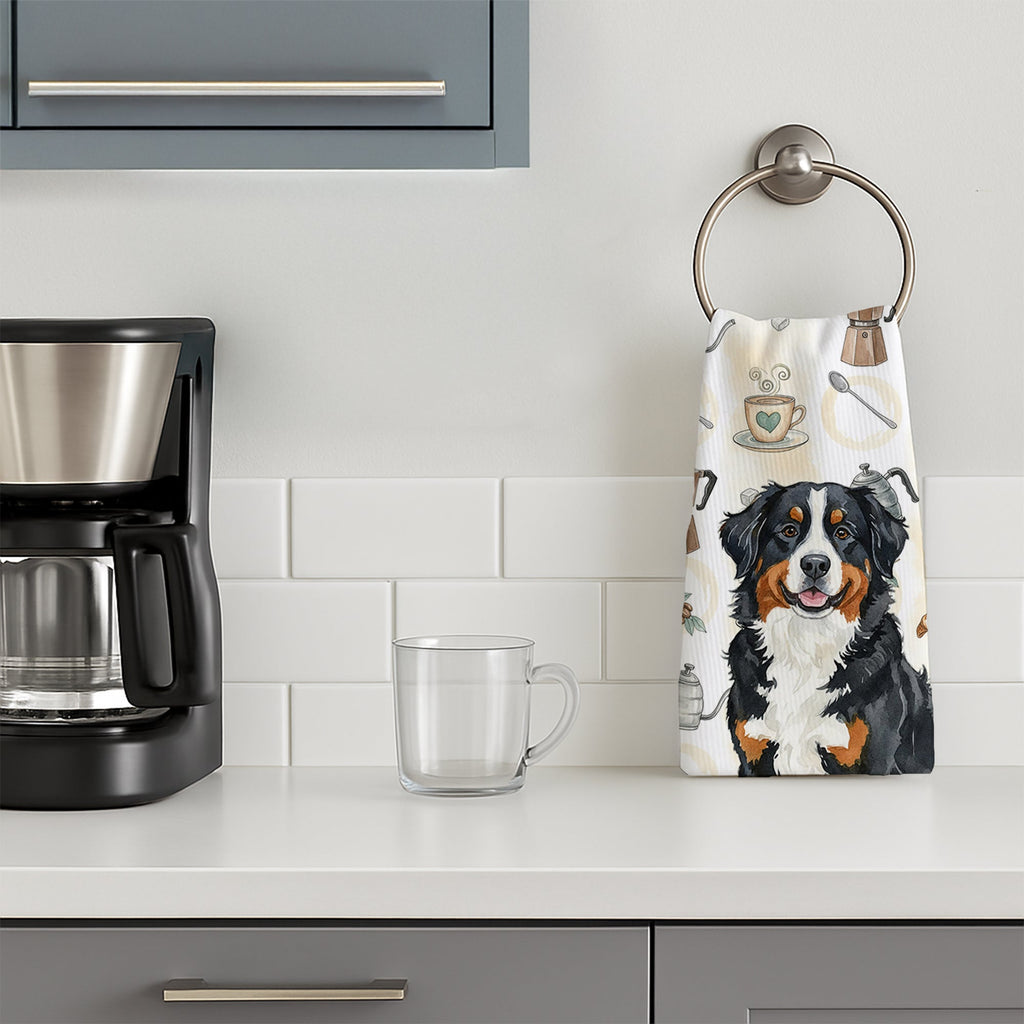 Bernese Mountain Dog Coffee Bar Kitchen Towel Velour Plush Front and Cotton Loop Back Machine Washable