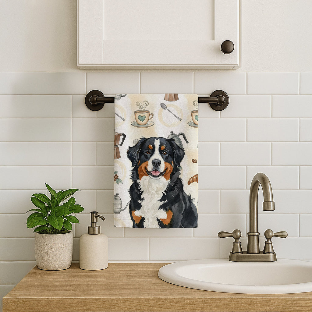 Bernese Mountain Dog Coffee Bar Kitchen Towel Velour Plush Front and Cotton Loop Back Machine Washable