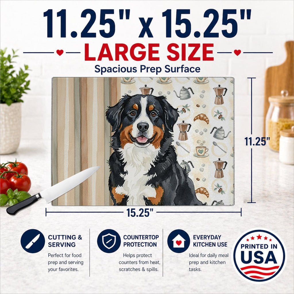 Bernese Mountain Dog Coffee Bar Cutting Board Tempered Glass Kitchen Cutting Surface, Heat Resistant Chopping, Non-Slip Feet, Food Prep & Serving