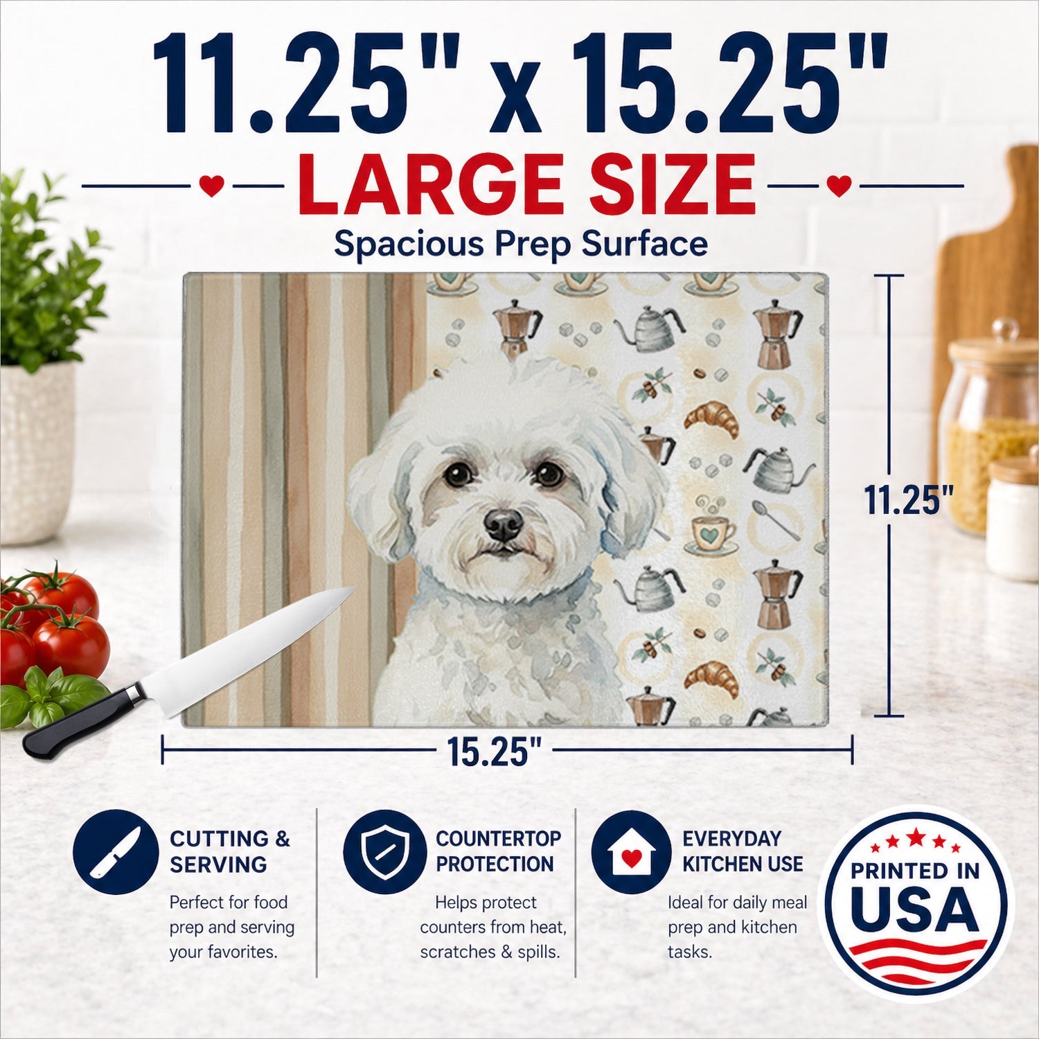 Bichon Frise Coffee Bar Cutting Board Tempered Glass Kitchen Cutting Surface, Heat Resistant Chopping, Non-Slip Feet, Food Prep & Serving