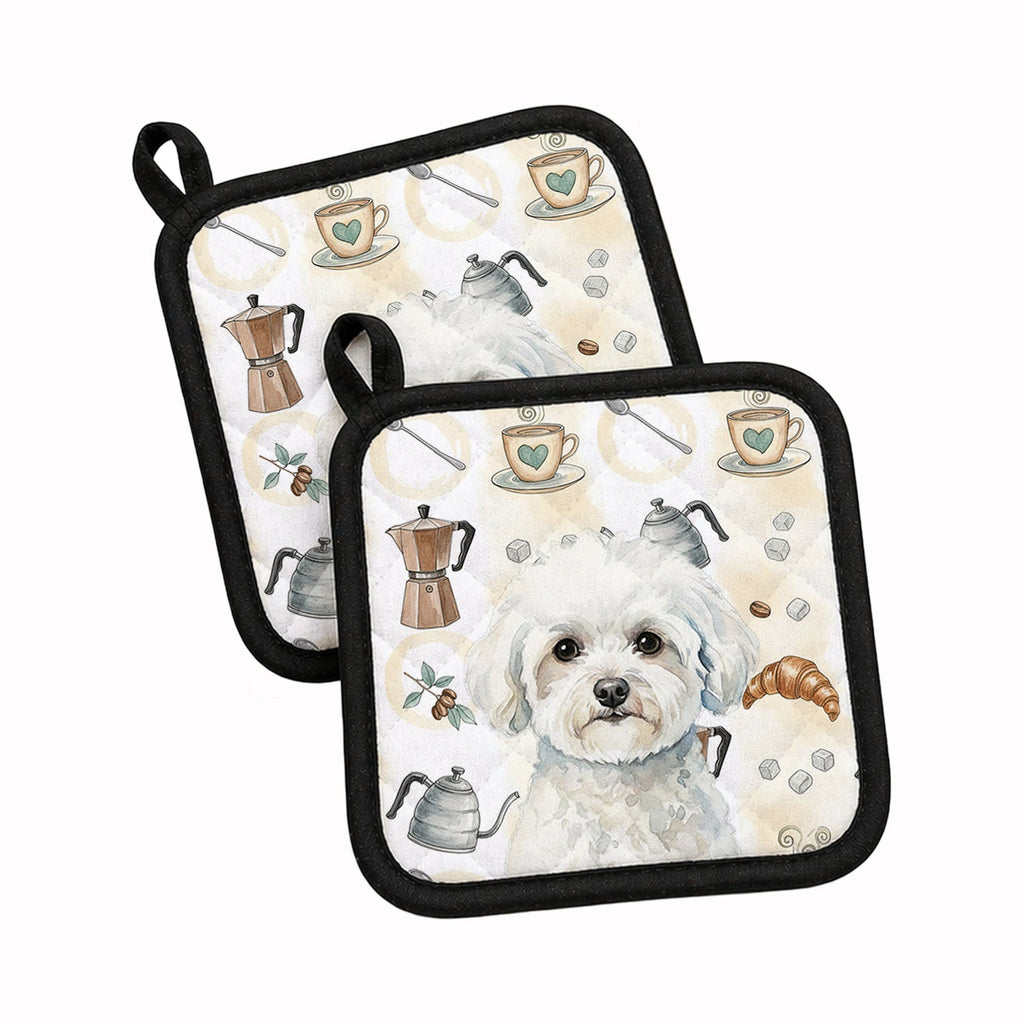 Bichon Frise Coffee Bar Pot Holder Set of 2 Heat Resistant Quilted Hot Pads 7.5 x 7.5 Inch, Insulated Kitchen Trivets for Cooking & Baking