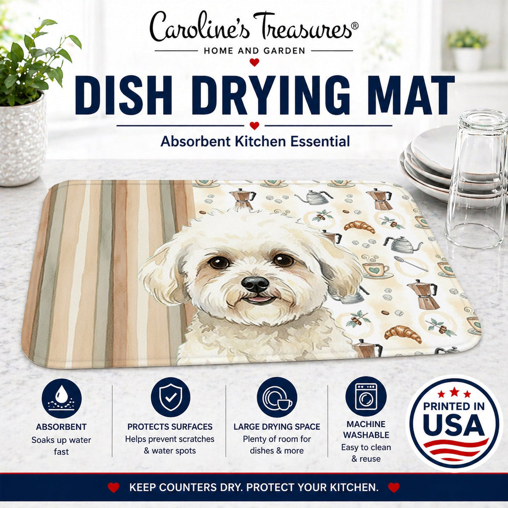 White and Cream Bichon Frise Coffee Bar Dish Drying Mat Absorbent Dish Drying Mat Pad for Kitchen Counter Dish Drainer Mat for Countertop, 14 x 21", Multicolor