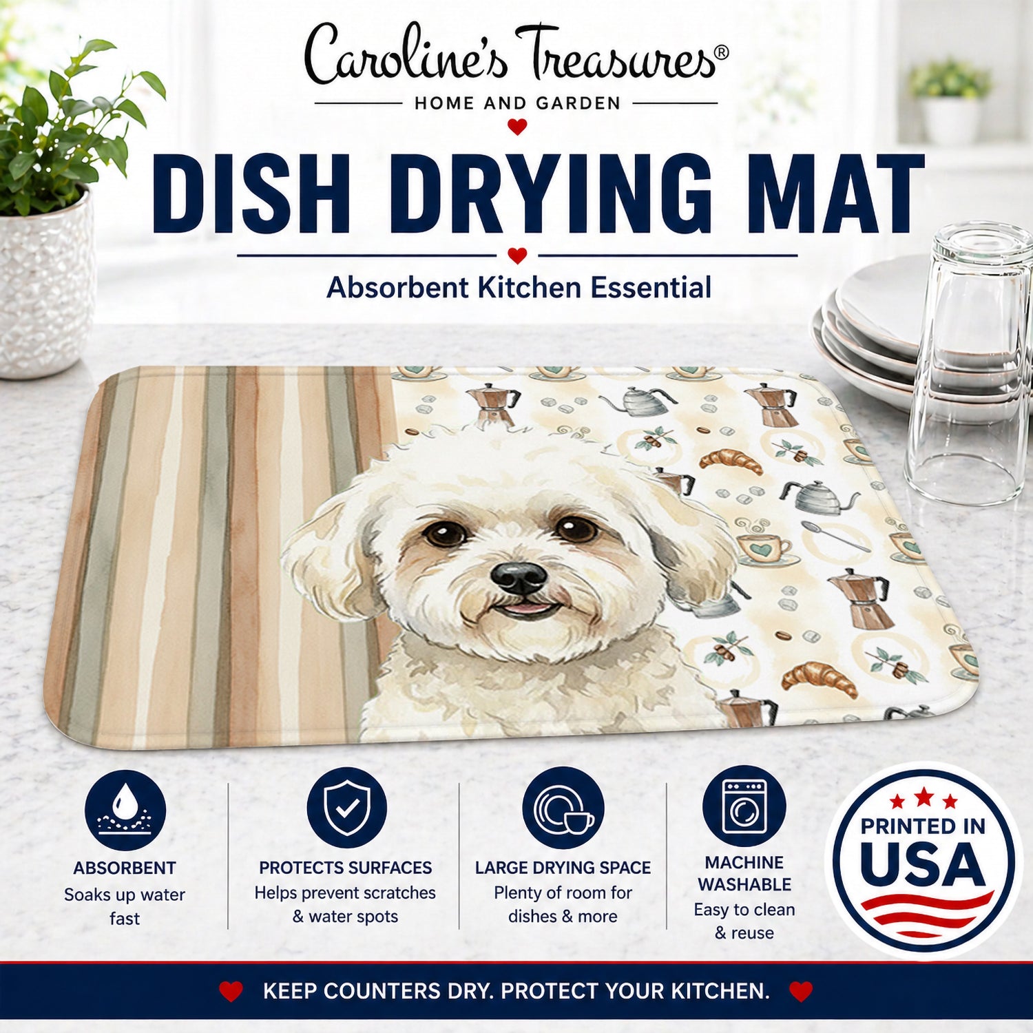 White and Cream Bichon Frise Coffee Bar Dish Drying Mat Absorbent Dish Drying Mat Pad for Kitchen Counter Dish Drainer Mat for Countertop, 14 x 21", Multicolor