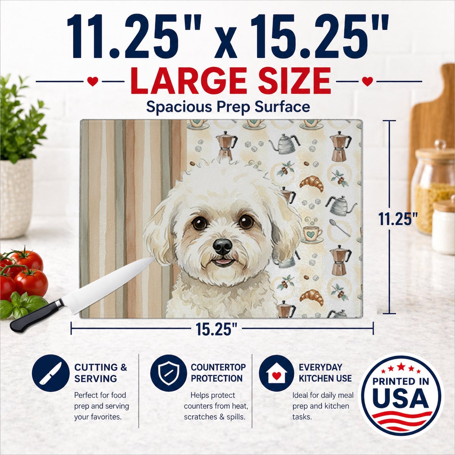 White and Cream Bichon Frise Coffee Bar Cutting Board Tempered Glass Kitchen Cutting Surface, Heat Resistant Chopping, Non-Slip Feet, Food Prep & Serving