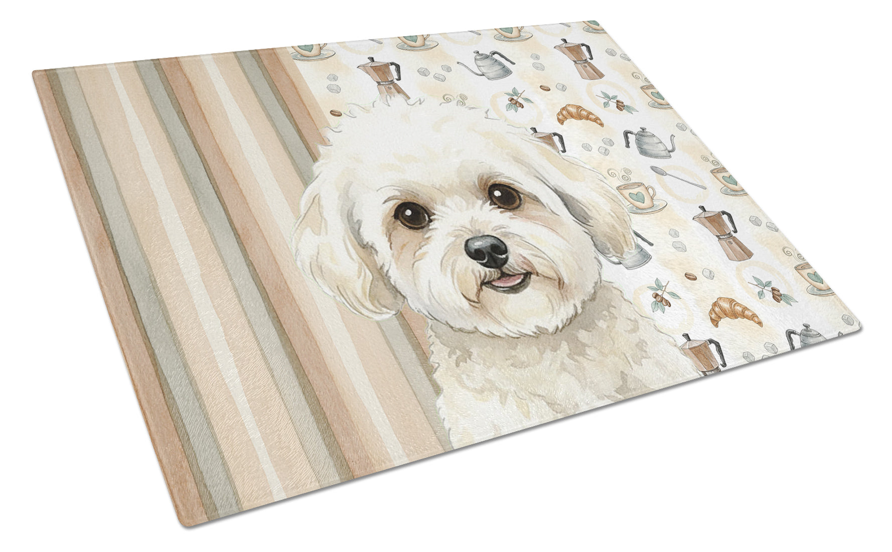 White and Cream Bichon Frise Coffee Bar Cutting Board Tempered Glass Kitchen Cutting Surface, Heat Resistant Chopping, Non-Slip Feet, Food Prep & Serving