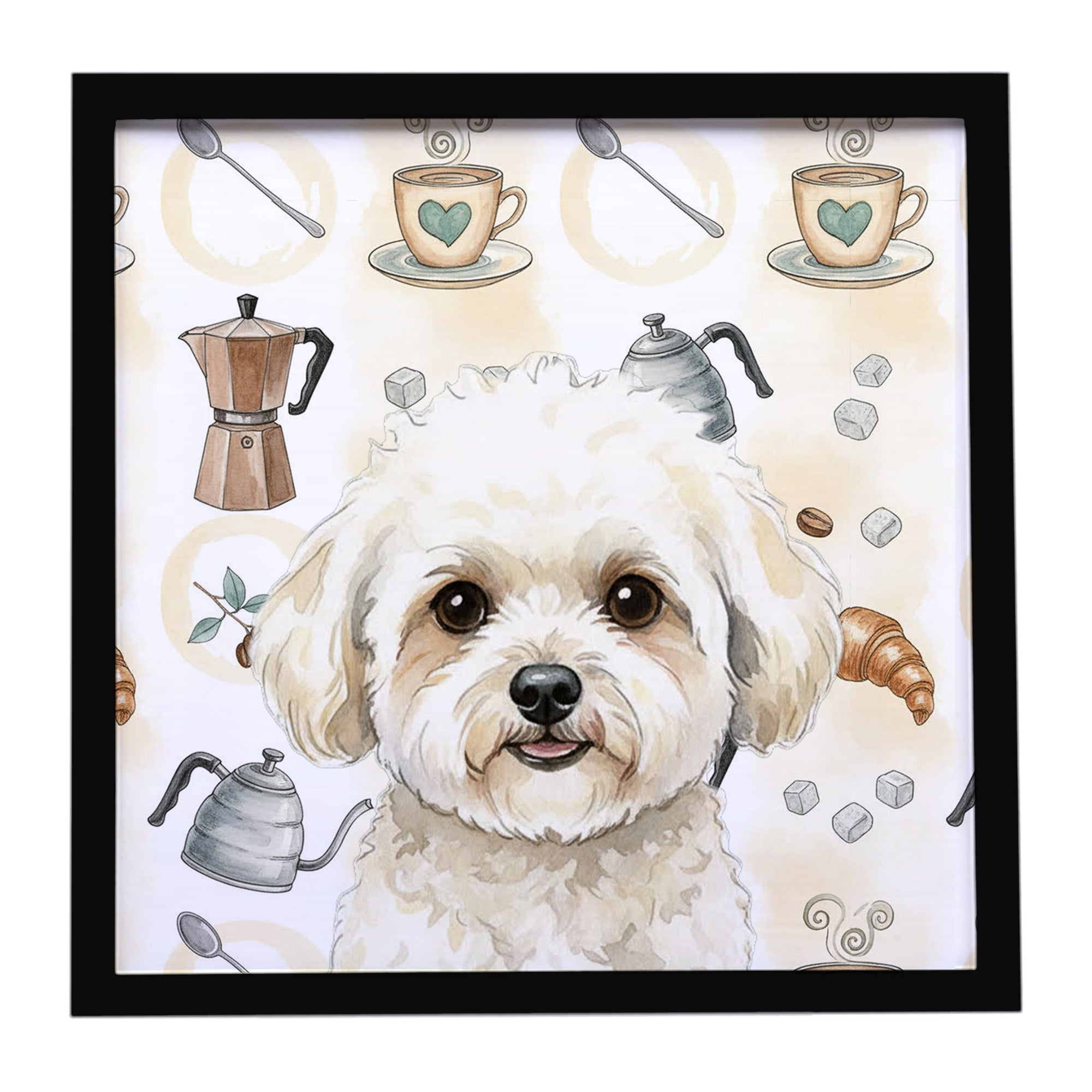 White and Cream Bichon Frise Coffee Bar Framed Metal Print Bathroom, Kitchen, Office, Home Decor Wall Art Ready to Hang, Square, 8X8