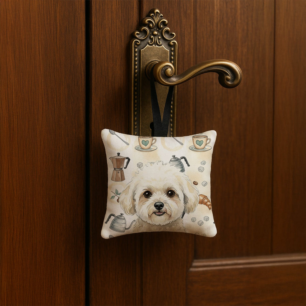 White and Cream Bichon Frise Coffee Bar Hanging Square Fabric Ornament 3.5 � 3.5 Decorative Door-Knob & Tree Hanger, Soft Fabric