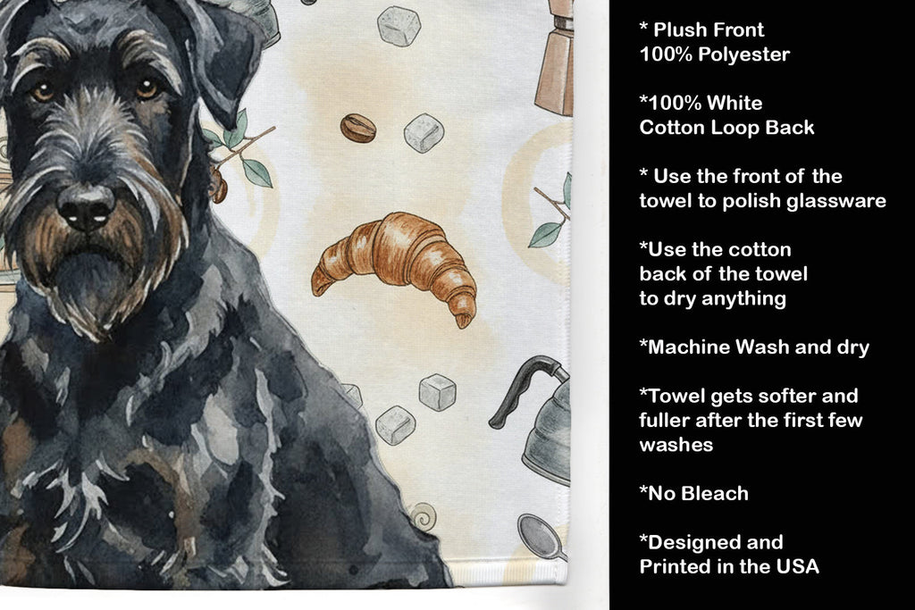 Black Russian Terrier Coffee Bar Kitchen Towel Velour Plush Front and Cotton Loop Back Machine Washable