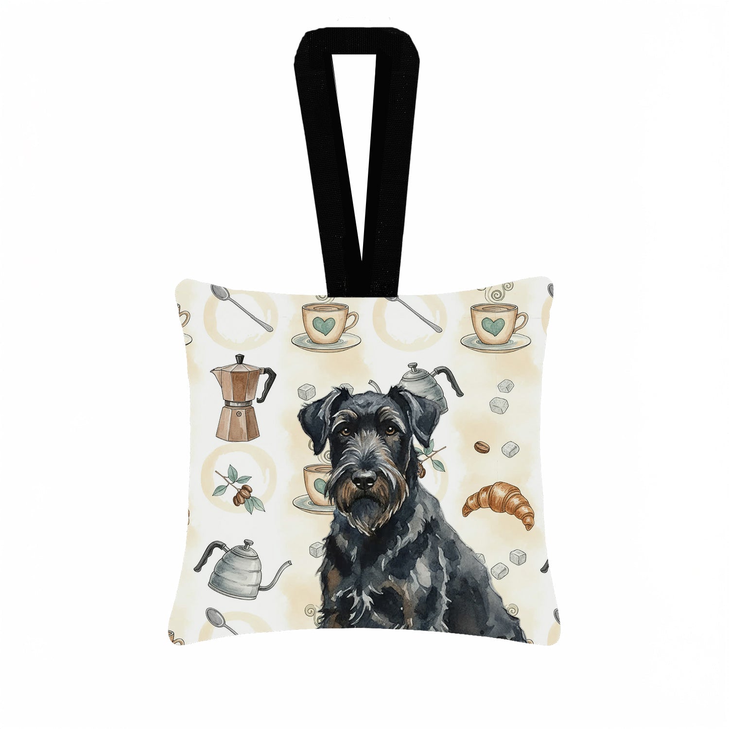 Black Russian Terrier Coffee Bar Hanging Square Fabric Ornament 3.5 � 3.5 Decorative Door-Knob & Tree Hanger, Soft Fabric