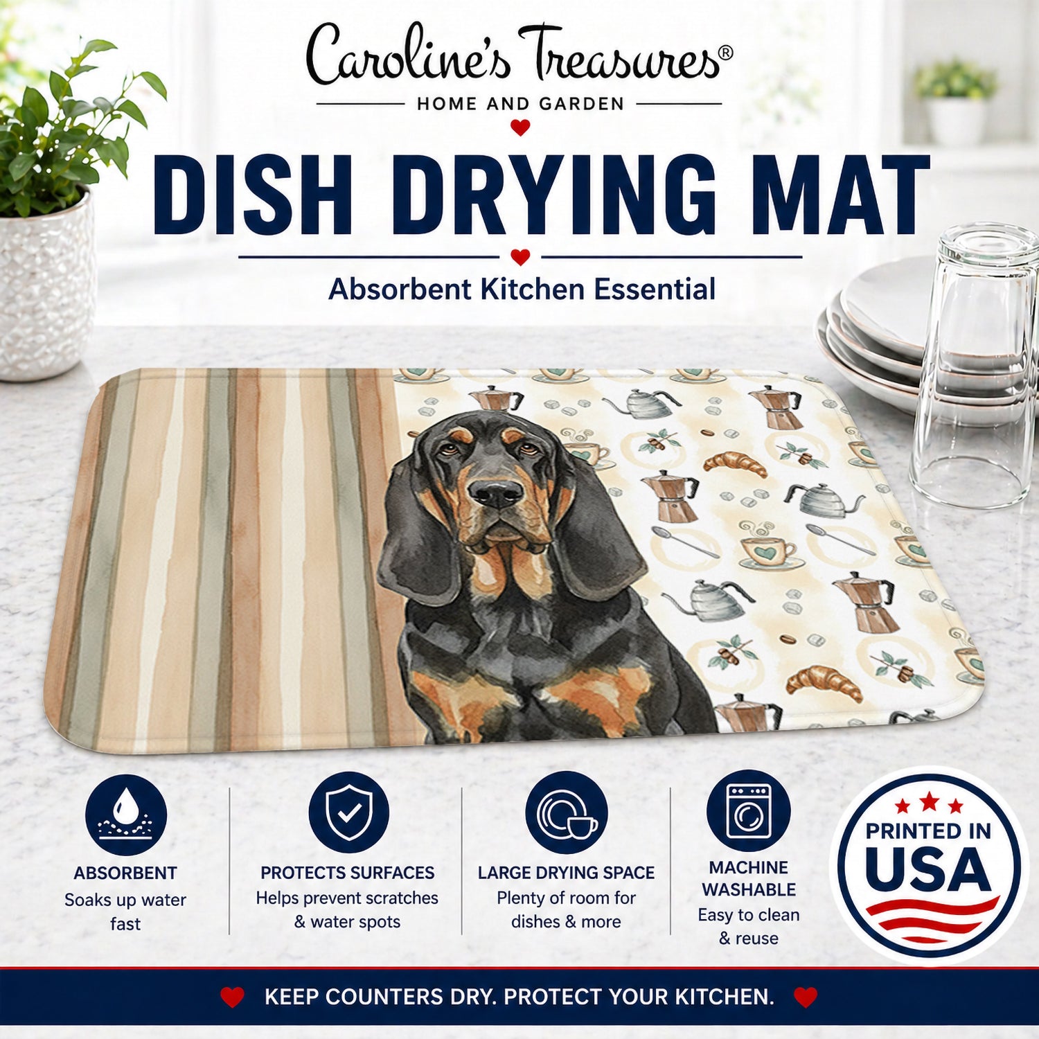 Black and Tan Bloodhound Coffee Bar Dish Drying Mat Absorbent Dish Drying Mat Pad for Kitchen Counter Dish Drainer Mat for Countertop, 14 x 21", Multicolor