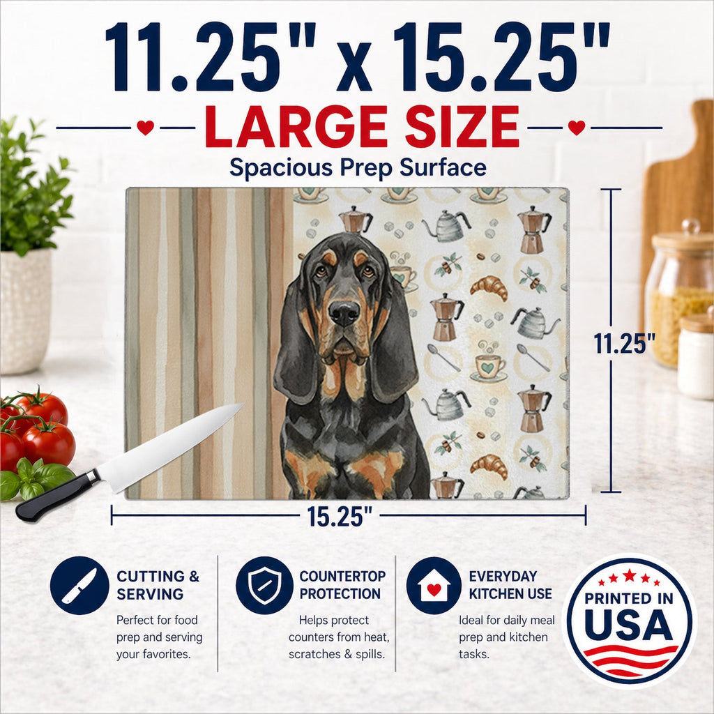 Black and Tan Bloodhound Coffee Bar Cutting Board Tempered Glass Kitchen Cutting Surface, Heat Resistant Chopping, Non-Slip Feet, Food Prep & Serving